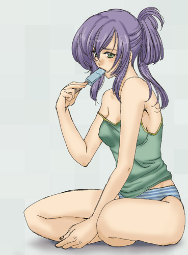 9646emily, faris scherwiz, final fantasy, final fantasy v, lowres, 1990s (style), 1girl, bare shoulders, female focus, food, full body, green eyes, long hair, panties, popsicle, purple hair, sitting, solo, underwear