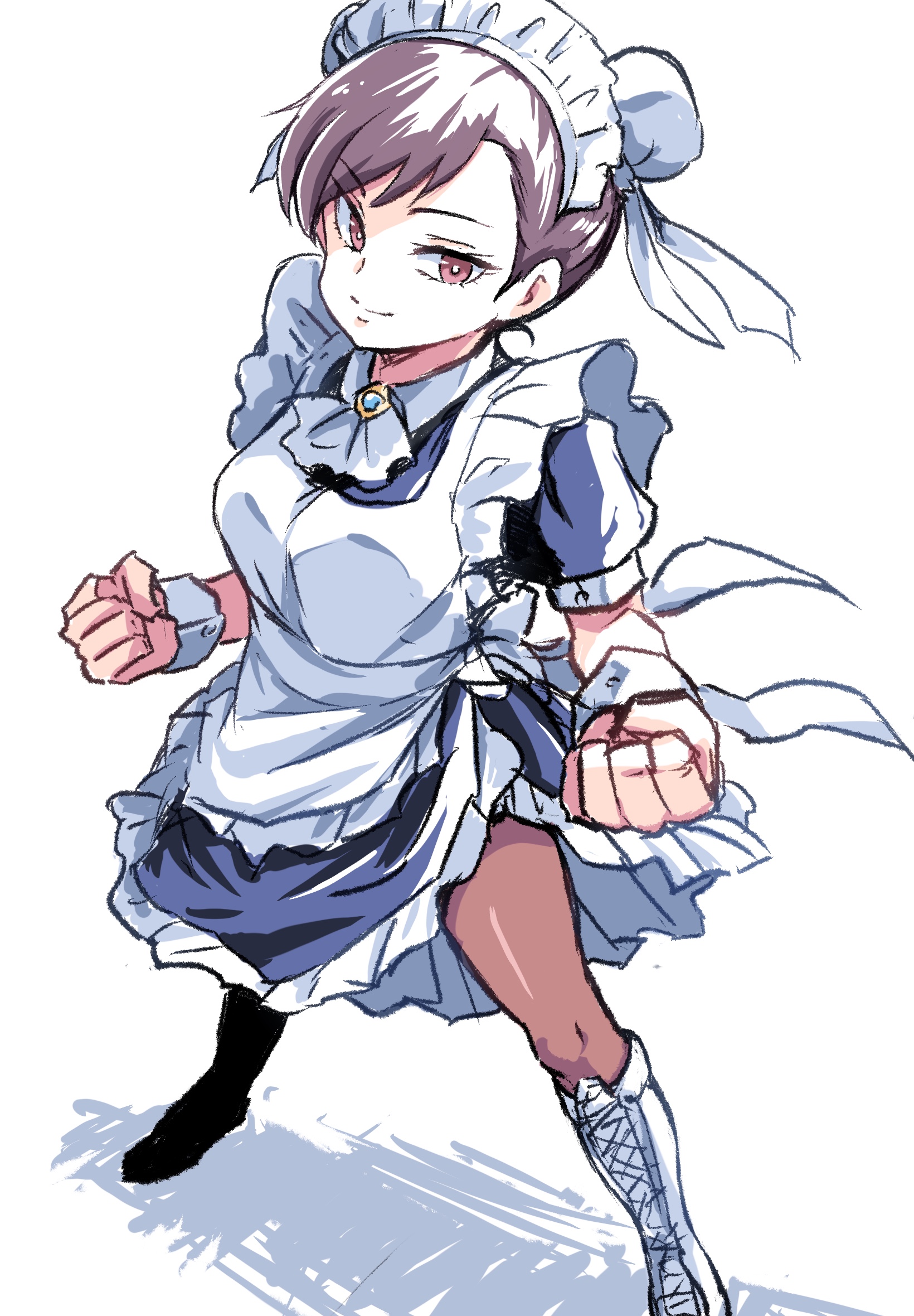 ikaringo (ikaringo4444), chun-li, capcom, street fighter, highres, 1girl, apron, ascot, black dress, boots, breasts, brown eyes, brown hair, brown pantyhose, bun cover, clenched hands, closed mouth, collared dress, double bun, dress, fighting stance, full body, hair bun, light smile, looking at viewer, maid, maid apron, maid headdress, medium breasts, pantyhose, puffy short sleeves, puffy sleeves, short sleeves, solo, standing, updo, white apron, white ascot, white background, white boots, white wrist cuffs, wrist cuffs