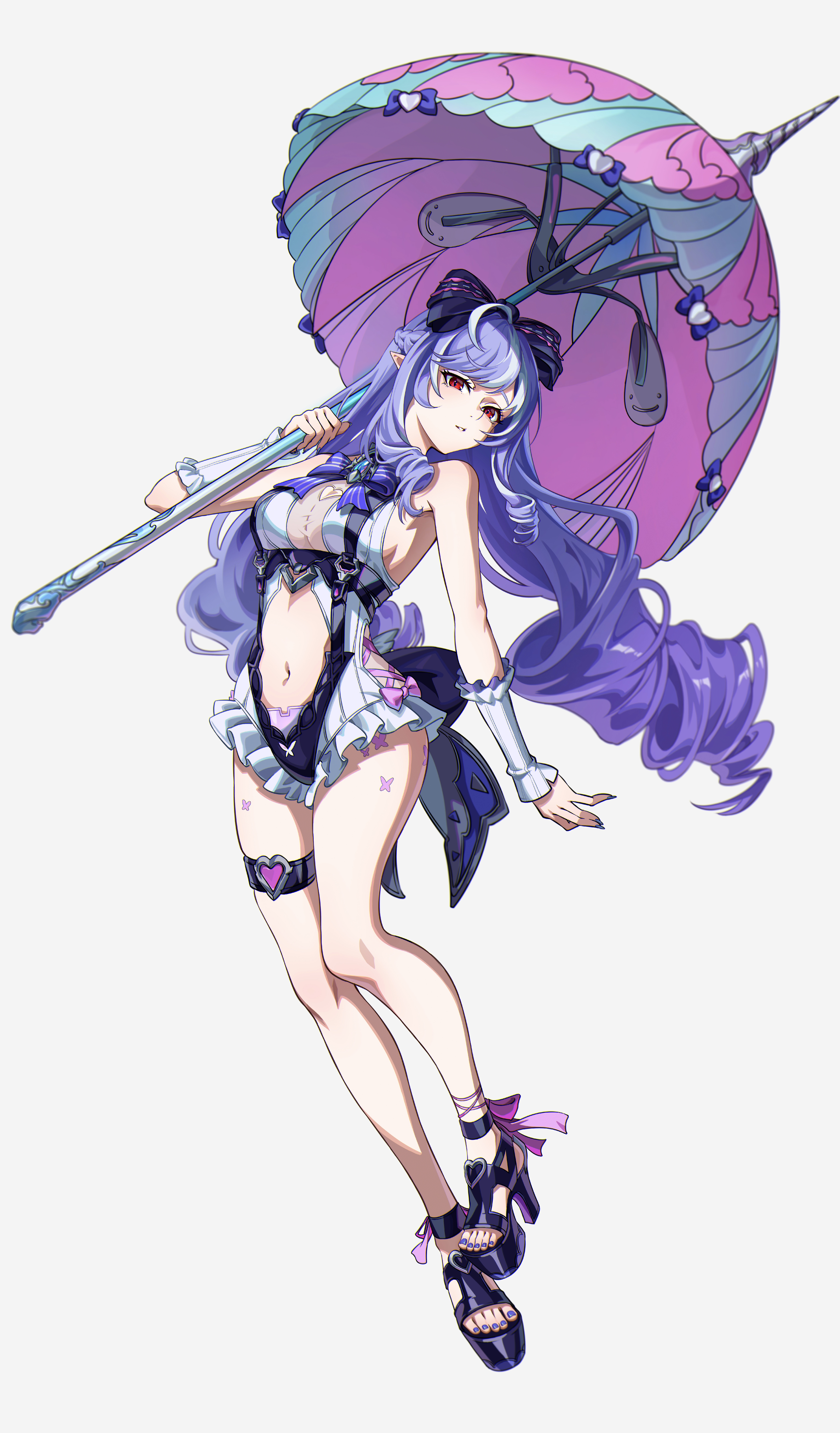rywy2524, vivian banshee, vivian banshee (iris of the shore), zenless zone zero, absurdres, commentary request, highres, 1girl, armpit crease, arms behind back, barefoot, black bow, bow, breasts, clothing cutout, full body, grey background, grey one-piece swimsuit, hair between eyes, holding, holding umbrella, light blush, long hair, looking at viewer, medium breasts, mole, mole under eye, nail polish, navel, navel cutout, official alternate costume, official alternate hairstyle, one-piece swimsuit, open mouth, pointy ears, purple hair, purple nails, red eyes, simple background, sitting, smile, solo, standing, stomach, swimsuit, thigh strap, thighs, toenail polish, toenails, umbrella, very long hair, wariza