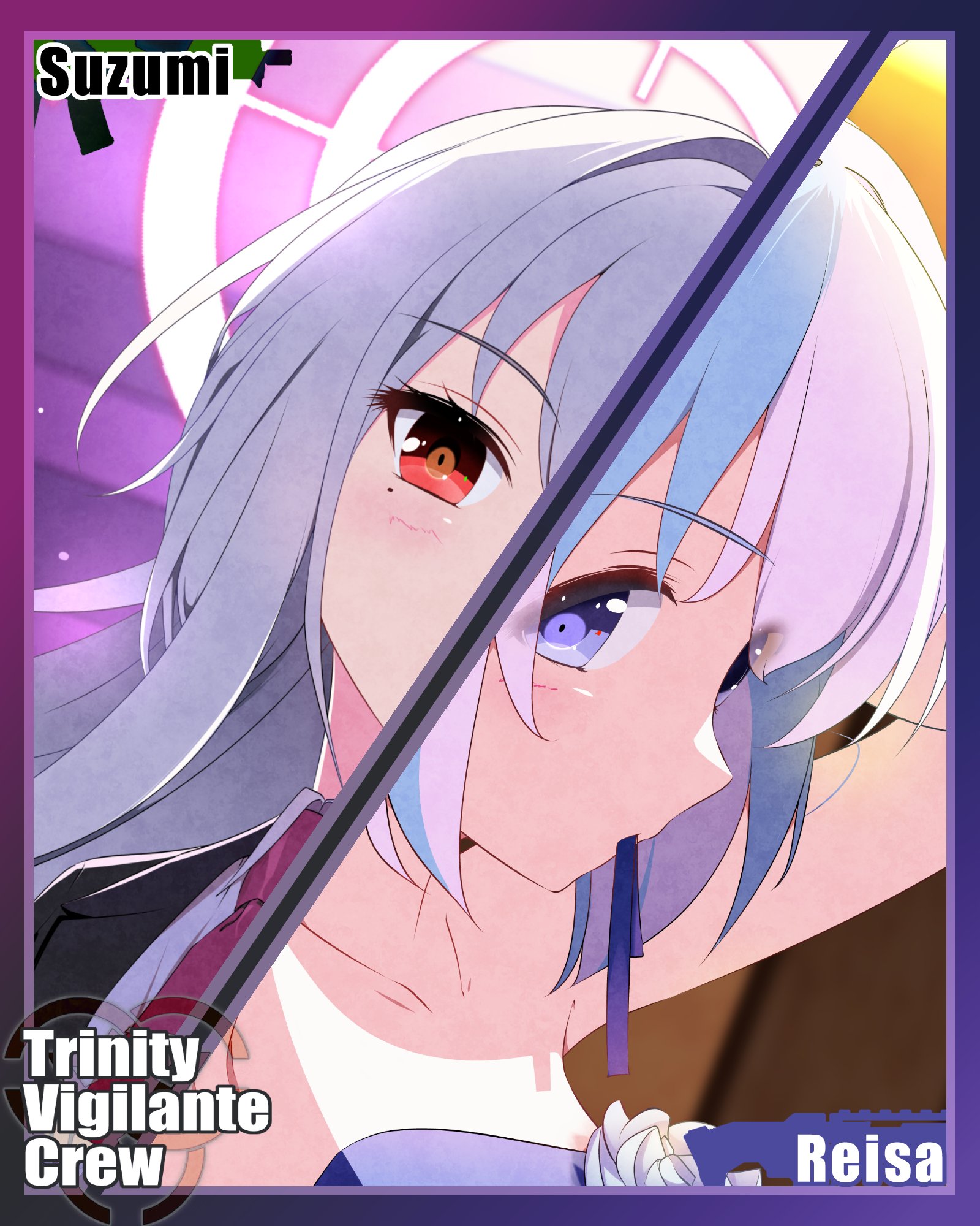 furisuku (gerbera), reisa (blue archive), suzumi (blue archive), vigilante crew (blue archive), blue archive, comiket 107, commentary request, cropped, highres, 2girls, alternate costume, black jacket, blue hair, blush, breasts, character name, collarbone, collared shirt, dress, flower, from side, halo, hands up, jacket, lapels, looking at viewer, multicolored hair, multiple girls, necktie, notched lapels, pink hair, purple dress, purple eyes, red eyes, red necktie, shirt, small breasts, strapless, strapless dress, suit jacket, trinity general school logo, two-tone hair, tying hair, white flower, white hair, white shirt