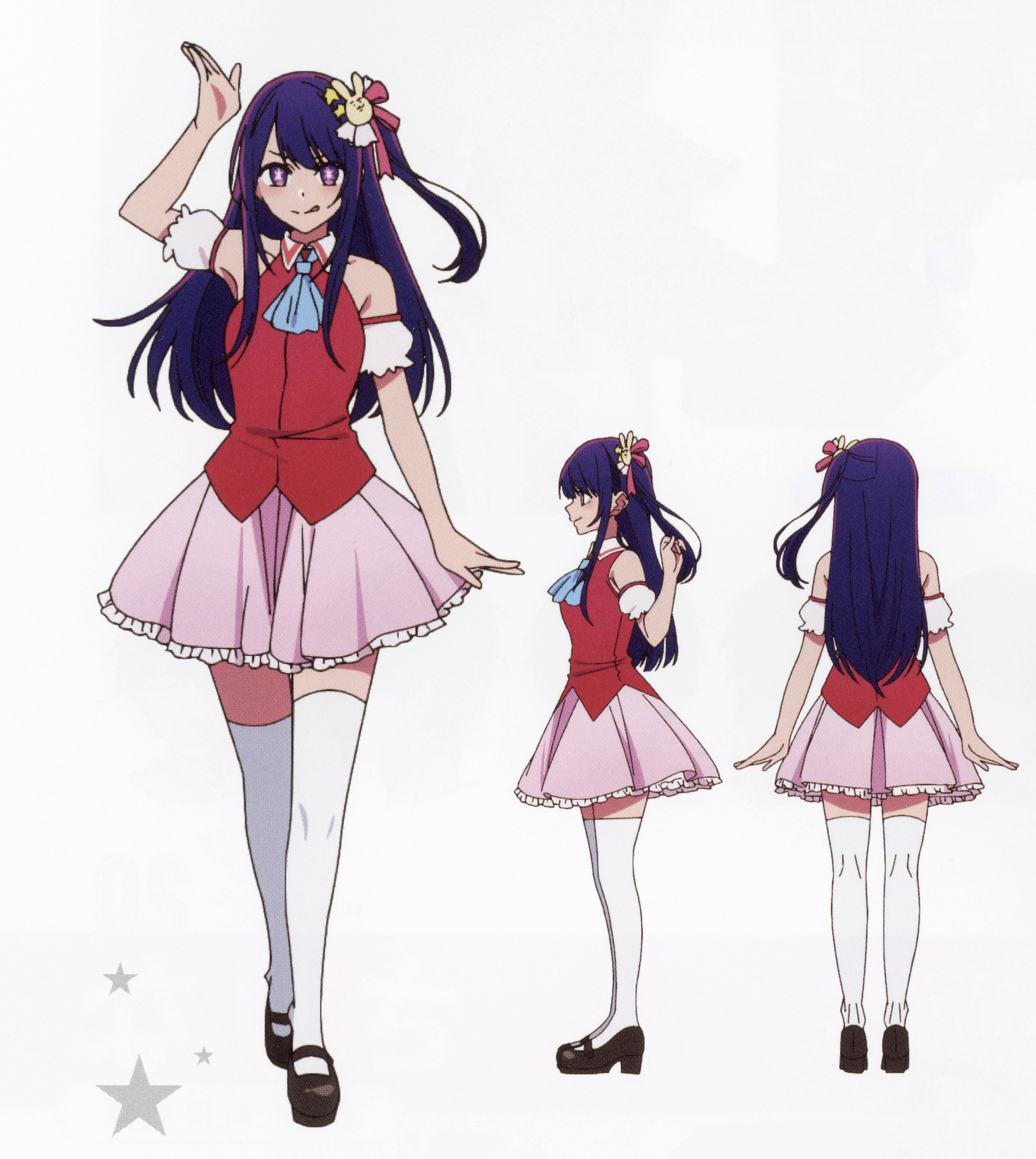 hoshino ai, oshi no ko, absurdres, highres, non-web source, official art, scan, 1girl, :p, black shoes, blush, detached sleeves, dress, frills, gloves, hair ornament, idol, idol clothes, long hair, looking at viewer, pink dress, pink skirt, purple eyes, purple hair, rabbit hair ornament, reference sheet, ribbon, self-scan, shoes, side ponytail, sidelocks, skirt, smile, socks, solo, star-shaped pupils, star (symbol), symbol-shaped pupils, thighhighs, tongue, tongue out, white socks, white thighhighs