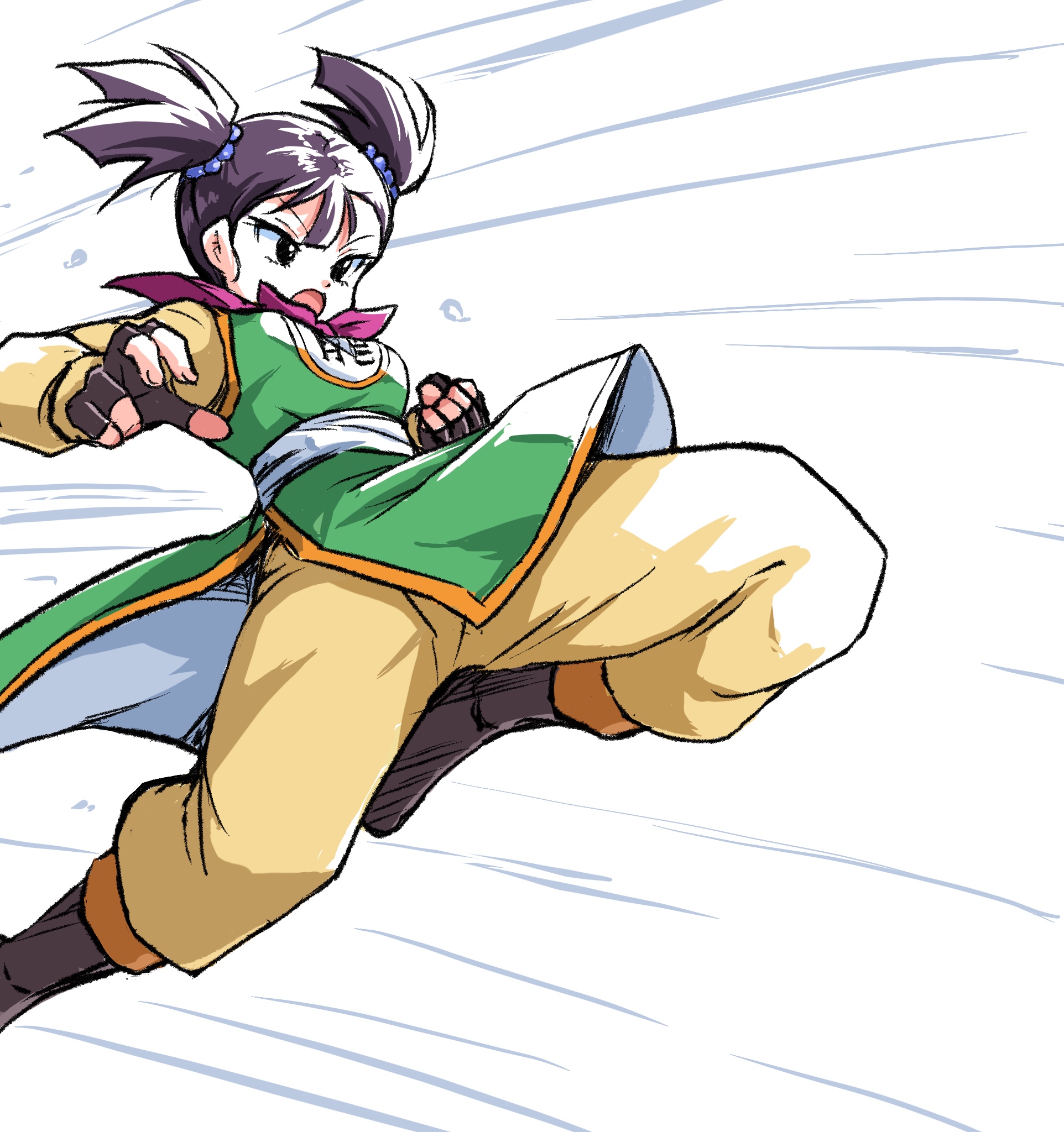ikaringo (ikaringo4444), martial artist (dq3), dragon quest, dragon quest iii, highres, 1girl, belt, black hair, boots, breasts, brown boots, brown gloves, fingerless gloves, furrowed brow, gloves, green tunic, hair bobbles, hair ornament, medium breasts, motion lines, necktie, open mouth, pants, pink necktie, shirt, solo, tunic, twintails, white background, white belt, yellow pants, yellow shirt