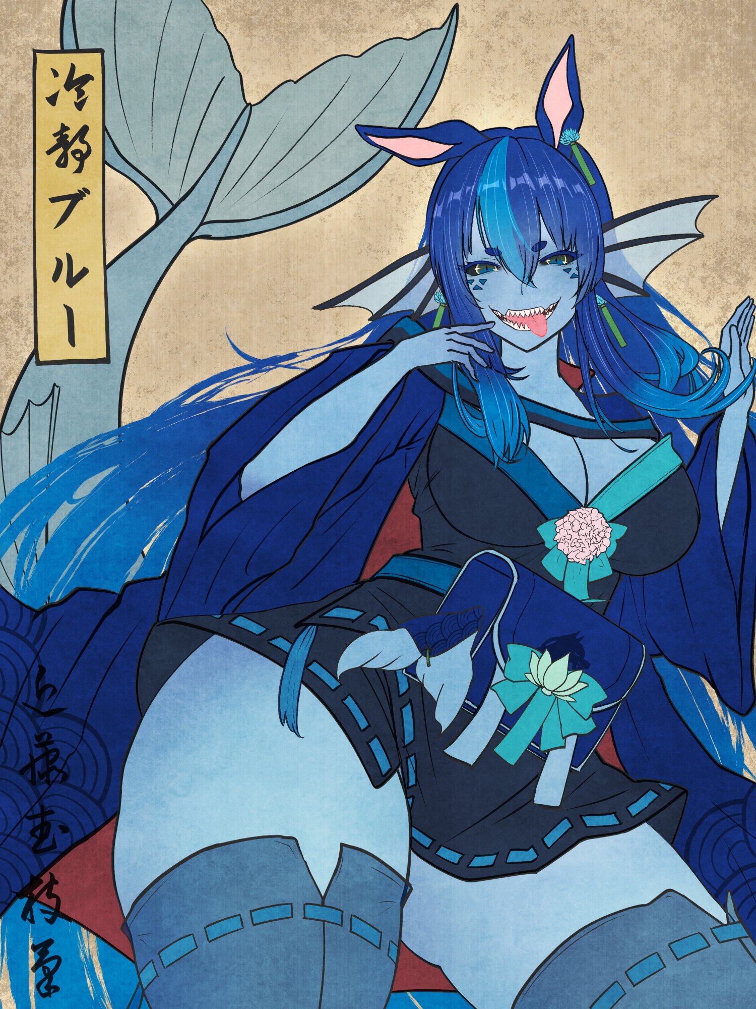 condotakeshi, indie virtual youtuber, commission, highres, 1girl, armor, belt pouch, black shirt, black skirt, blue cape, blue eyes, blue hair, blue sleeves, breasts, brown background, cape, cleavage, cowboy shot, fang, fins, fish girl, fish tail, flower ornament, hair between eyes, hands up, head fins, japanese armor, large breasts, long hair, long sidelocks, long sleeves, looking at viewer, multicolored hair, pouch, red cape, sharp teeth, shirt, sidelocks, skin fang, skirt, solo, streaked hair, tail, teeth, thick thighs, thighhighs, thighs, tongue, tongue out, two-tone cape