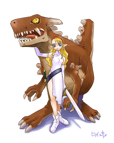 hirai yukio, original, archived source, bad link, ankle boots, artist name, bare legs, blue eyes, boots, brown tail, claws, closed mouth, collared dress, colored sclera, covered collarbone, dinosaur, dress, earrings, elbow gloves, fantasy, frown, gloves, hairband, holding, holding sword, holding weapon, jewelry, legs together, long hair, looking at viewer, medium hair, narrow waist, open mouth, pelvic curtain, pointy ears, red hairband, shadow, sharp teeth, sheath, sheathed, signature, simple background, skinny, slit pupils, standing, sword, teeth, tongue, turtleneck, turtleneck dress, unsheathed, wavy hair, weapon, white background, white boots, white dress, white gloves, yellow sclera