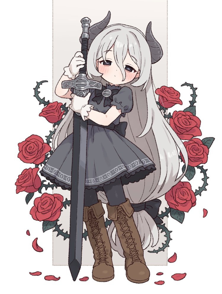 onyhakase, character request, commentary, copyright request, 1girl, boots, dress, flower, full body, gloves, grey hair, hair between eyes, holding, holding sword, holding weapon, horns, long hair, pantyhose, rose, solo, sword, very long hair, weapon, white gloves