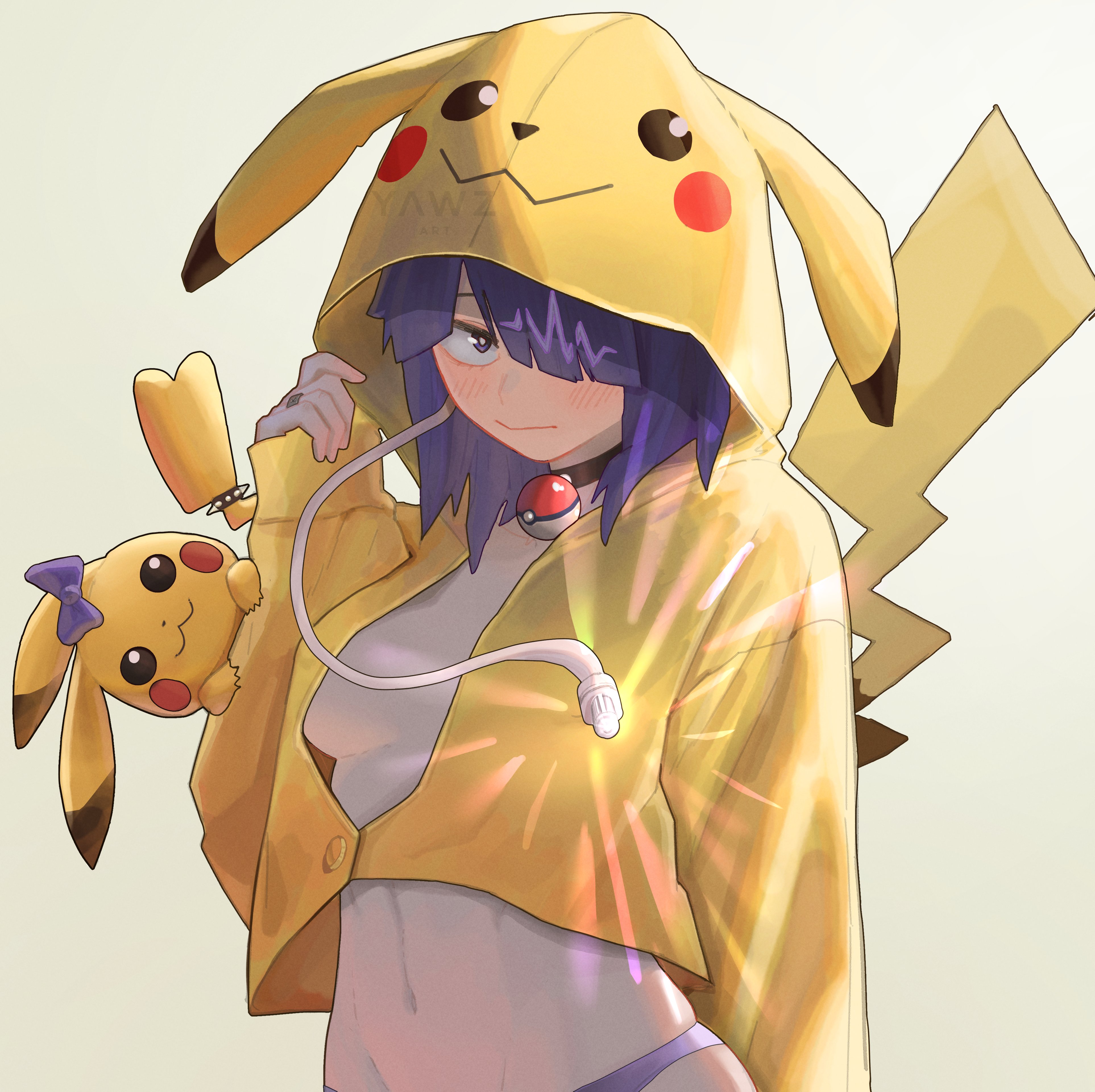 jiro kyoka, pikachu, boku no hero academia, pokemon, absurdres, commentary, english commentary, highres, 1girl, black choker, blunt ends, blush, bow, breasts, choker, closed mouth, cosplay, cropped shirt, crossover, earplugs, embarrassed, gen 1 pokemon, gradient background, hair over one eye, hand up, hood, hood up, hooded shirt, long earlobes, long sleeves, looking at viewer, medium breasts, medium hair, navel, one eye covered, panties, pikachu (cosplay), poke ball, pokemon (creature), purple bow, purple eyes, purple hair, purple panties, revealing clothes, shirt, sideboob, stomach, underwear, watermark, white background, yawz, yellow background, yellow shirt