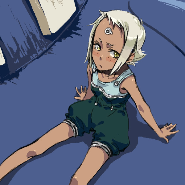 morihito, lal'c mellk mal, top wo nerae! (series), top wo nerae 2!, 00s, blush, brown eyes, dark-skinned female, dark skin, freckles, oekaki, romper, short hair, solo, white hair