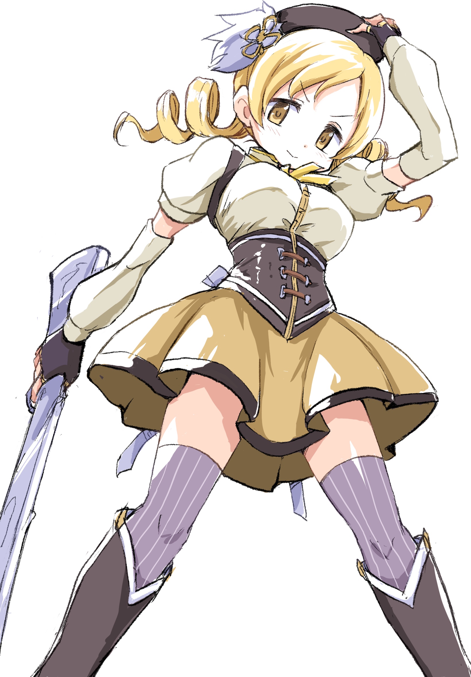 ikaringo (ikaringo4444), tomoe mami, mahou shoujo madoka magica, highres, 1girl, black boots, black gloves, blonde hair, boots, breasts, corset, cowboy shot, detached sleeves, drill hair, feet out of frame, fingerless gloves, from below, furrowed brow, gloves, grey thighhighs, hand on headwear, holding, holding weapon, light blush, long hair, looking at viewer, magical girl, medium breasts, neck ribbon, puffy short sleeves, puffy sleeves, ribbed thighhighs, ribbon, shirt, short sleeves, skirt, solo, thighhighs, twin drills, underbust, weapon, white background, white shirt, yellow eyes, yellow ribbon, yellow skirt