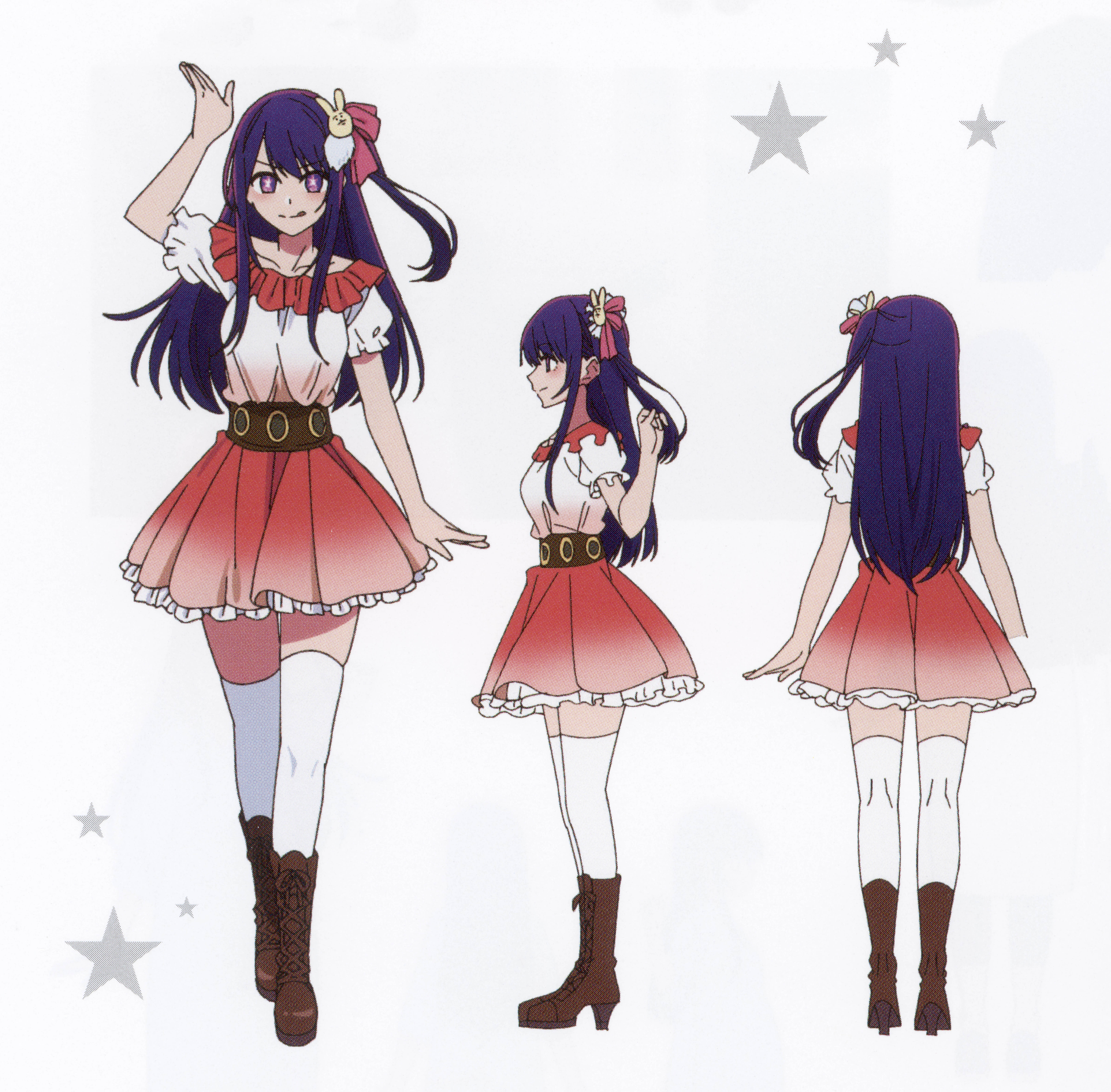 hoshino ai, oshi no ko, absurdres, highres, non-web source, official art, 1girl, :p, belt, boots, brown belt, brown boots, dress, frills, hair ornament, idol, idol clothes, long hair, looking at viewer, purple eyes, purple hair, rabbit hair ornament, red dress, red skirt, skirt, smile, socks, solo, star-shaped pupils, star (symbol), symbol-shaped pupils, tongue, tongue out, white socks