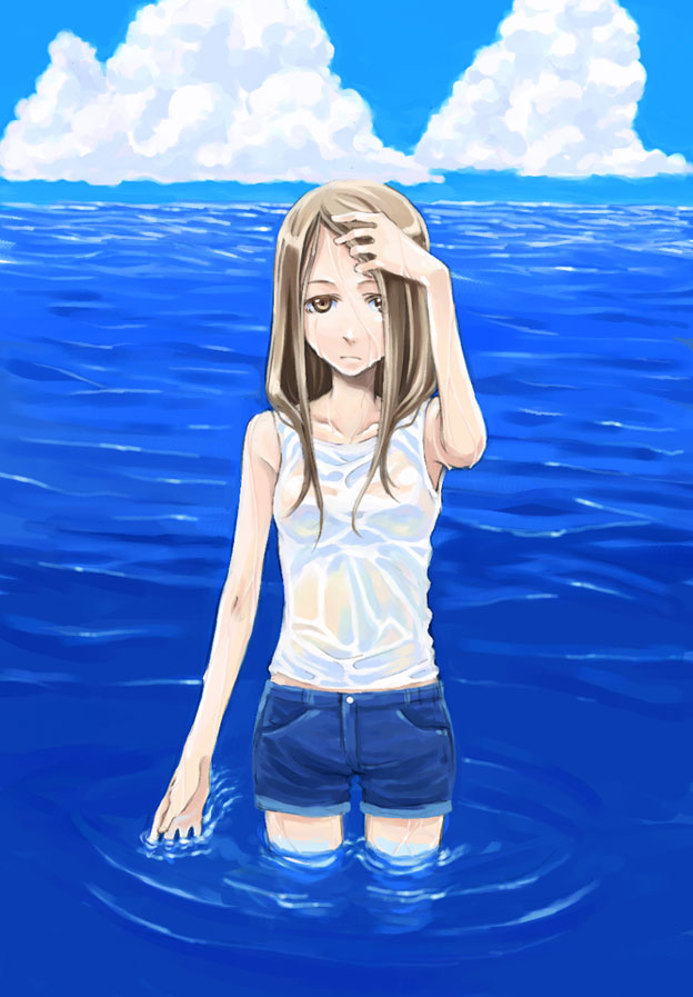 morihito, 1girl, brown eyes, brown hair, female focus, long hair, ocean, shorts, solo, water, wet, wet clothes, wet hair
