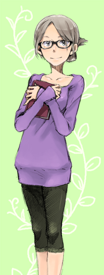 morihito, 1girl, book, brown hair, dress, female focus, folded ponytail, glasses, grey hair, holding, holding book, leggings, long sleeves, sleeves past wrists, smile, solo, sweater, sweater dress