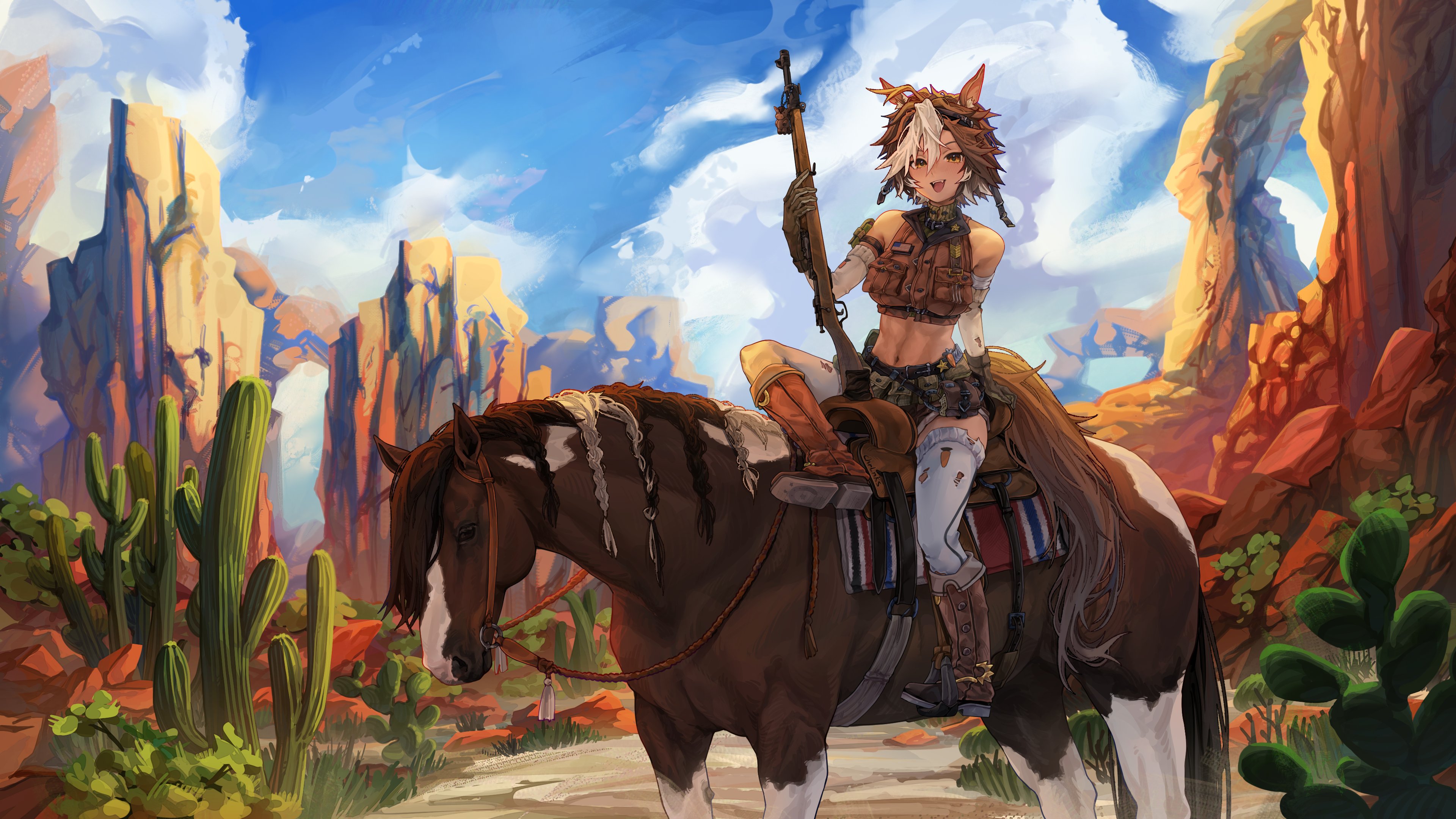uchilose, tomoe umari, tomoe umari (1st costume), indie virtual youtuber, absurdres, highres, 1girl, animal ears, belt, black gloves, blue sky, breasts, brown eyes, brown fur, brown hair, brown shirt, brown shorts, cactus, cloud, cloudy sky, cropped shirt, day, desert, gloves, gun, hair between eyes, holding, holding gun, holding weapon, horse, horse ears, horse girl, horse tail, horseback riding, large breasts, looking at viewer, midriff, multicolored hair, navel, open mouth, outdoors, riding, rifle, shirt, short hair, shorts, sitting, sky, smile, tail, thighhighs, virtual youtuber, weapon, white hair, white thighhighs