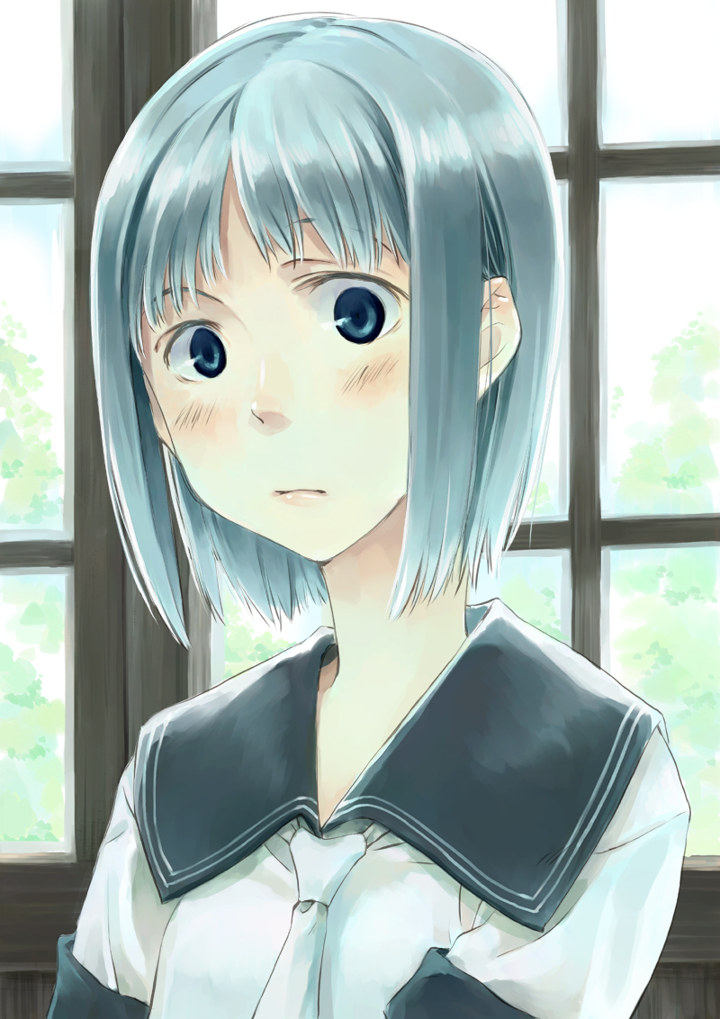 morihito, silver hair, 1girl, blue eyes, blue hair, blush, bob cut, close-up, female focus, lips, looking at viewer, matching hair/eyes, school uniform, serafuku, short hair, solo, staring, upper body, window