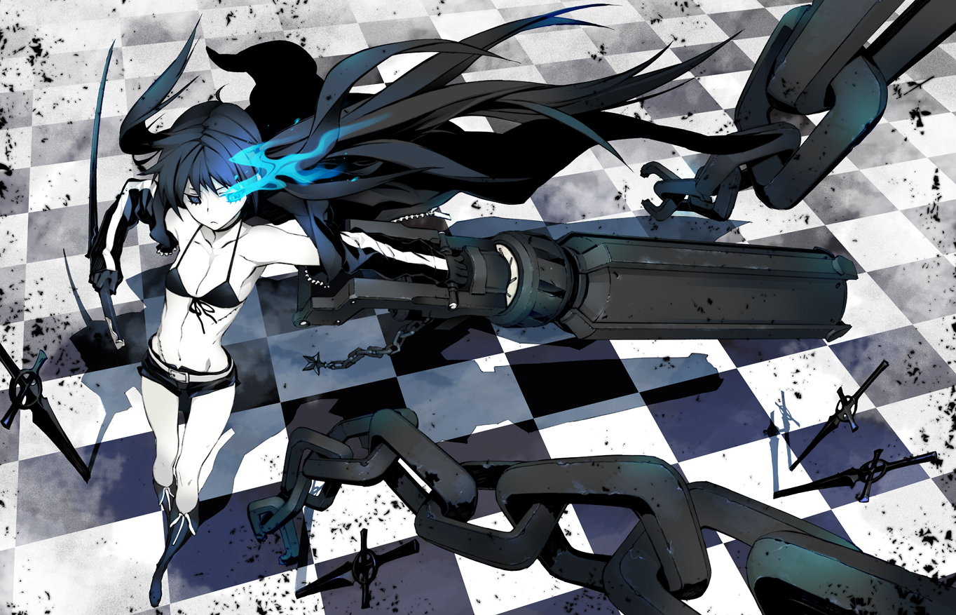 miwa shirow, black rock shooter (character), black rock shooter, 10s, 1girl, arm cannon, asymmetrical dual wielding, bikini, bikini top only, black hair, blue eyes, chain, dual wielding, female focus, gun, katana, long hair, midriff, mira shirow, pale skin, short shorts, shorts, solo, swimsuit, sword, twintails, weapon