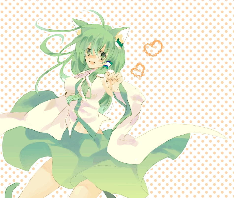 yukirar, kochiya sanae, touhou, animal ears, blush, cat ears, green eyes, green hair, happy, long hair, smile