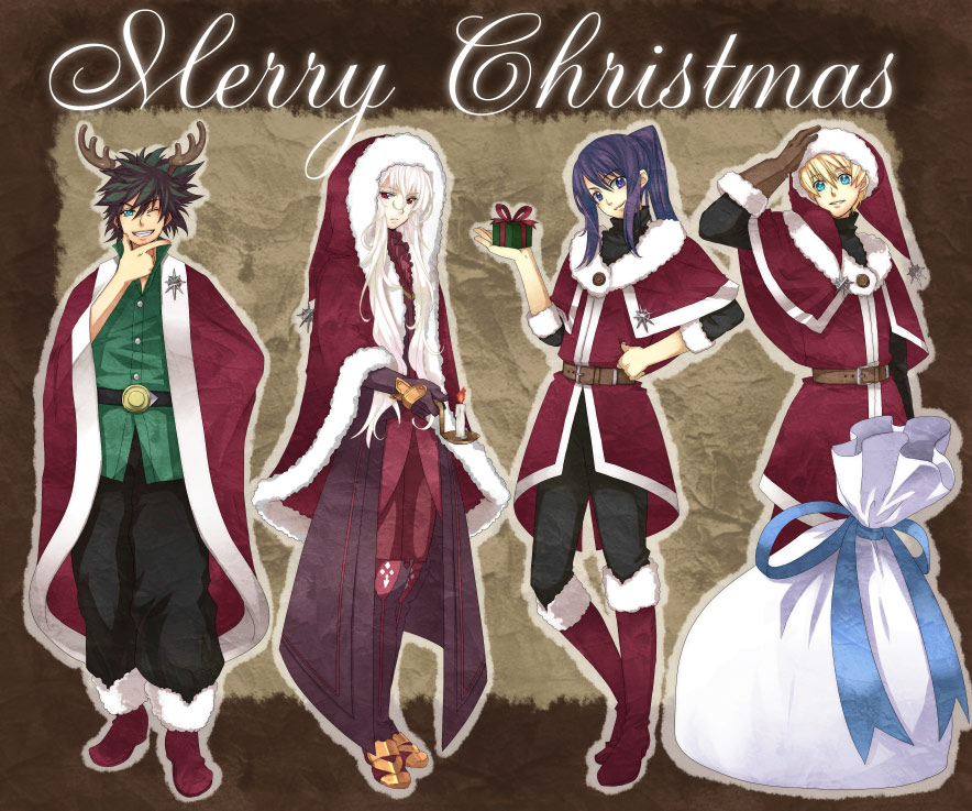 enomoto (luck-by-luck), duke pantarei, flynn scifo, raven (tales), yuri lowell, tales of (series), tales of vesperia, bad id, bad pixiv id, 00s, 4boys, alternate costume, black eyes, black hair, blonde hair, blue eyes, boots, brown gloves, candle, christmas, coat, gift, gloves, green eyes, grin, hat, horns, knee boots, long hair, male focus, mantelet, multiple boys, one eye closed, ponytail, red eyes, sack, santa costume, smile, white hair, wink