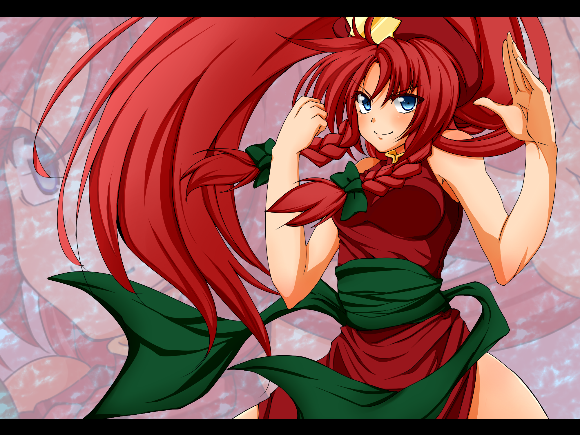 kamo (yokaze), hong meiling, embodiment of scarlet devil, touhou, bad id, bad pixiv id, highres, 1girl, blue eyes, braid, breasts, female focus, hat, letterboxed, long hair, red hair, solo, twin braids, zoom layer