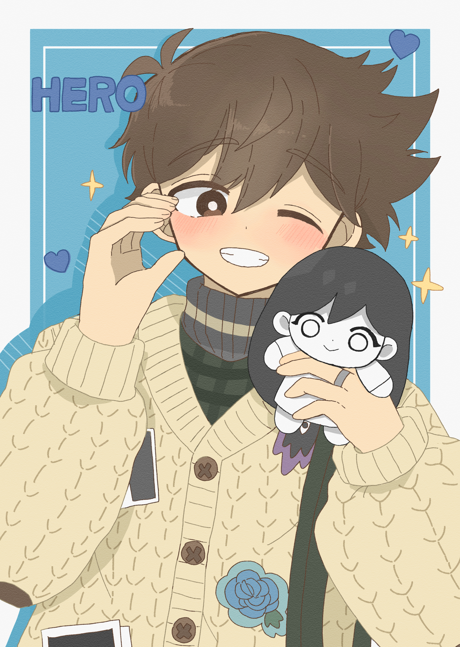 yuuabara, hero (faraway) (omori), hero (omori), something (omori), omori, absurdres, commentary, highres, 1boy, alternate eye color, antenna hair, blush, bright pupils, brown eyes, brown hair, cardigan, character doll, character name, dark-skinned male, dark skin, doll, double-parted bangs, grin, hair between eyes, hero (birthday) (omori), holding, holding stuffed toy, long sleeves, looking at viewer, official alternate costume, photo (object), short hair, smile, solo, sparkle, stuffed animal, stuffed toy, sweater, teeth, turtleneck, turtleneck sweater, white cardigan, white pupils