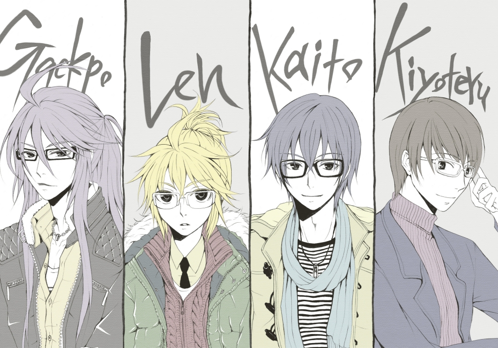 kiyozumi, hiyama kiyoteru, kagamine len, kaito (vocaloid), kamui gakupo, vocaloid, bad id, bad pixiv id, 4boys, adjusting eyewear, ahoge, bespectacled, black hair, blonde hair, blue hair, casual, column lineup, flat color, glasses, jacket, jewelry, male focus, multiple boys, muted color, necklace, necktie, partially colored, ponytail, purple hair, scarf, simple background, smile, upper body