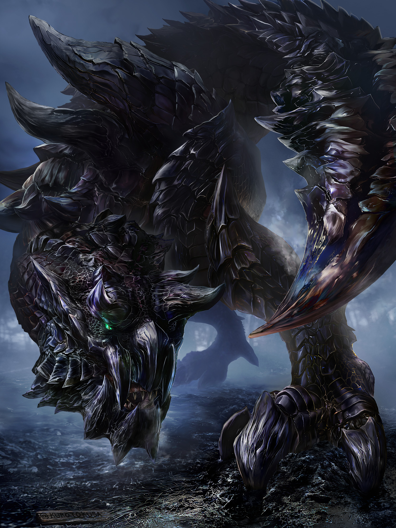 kurotokusa, glavenus, monster hunter (series), commentary request, highres, chin spike, green eyes, horns, monster, monster focus, no humans, open mouth, scales, sharp tail, spikes, tail, talons