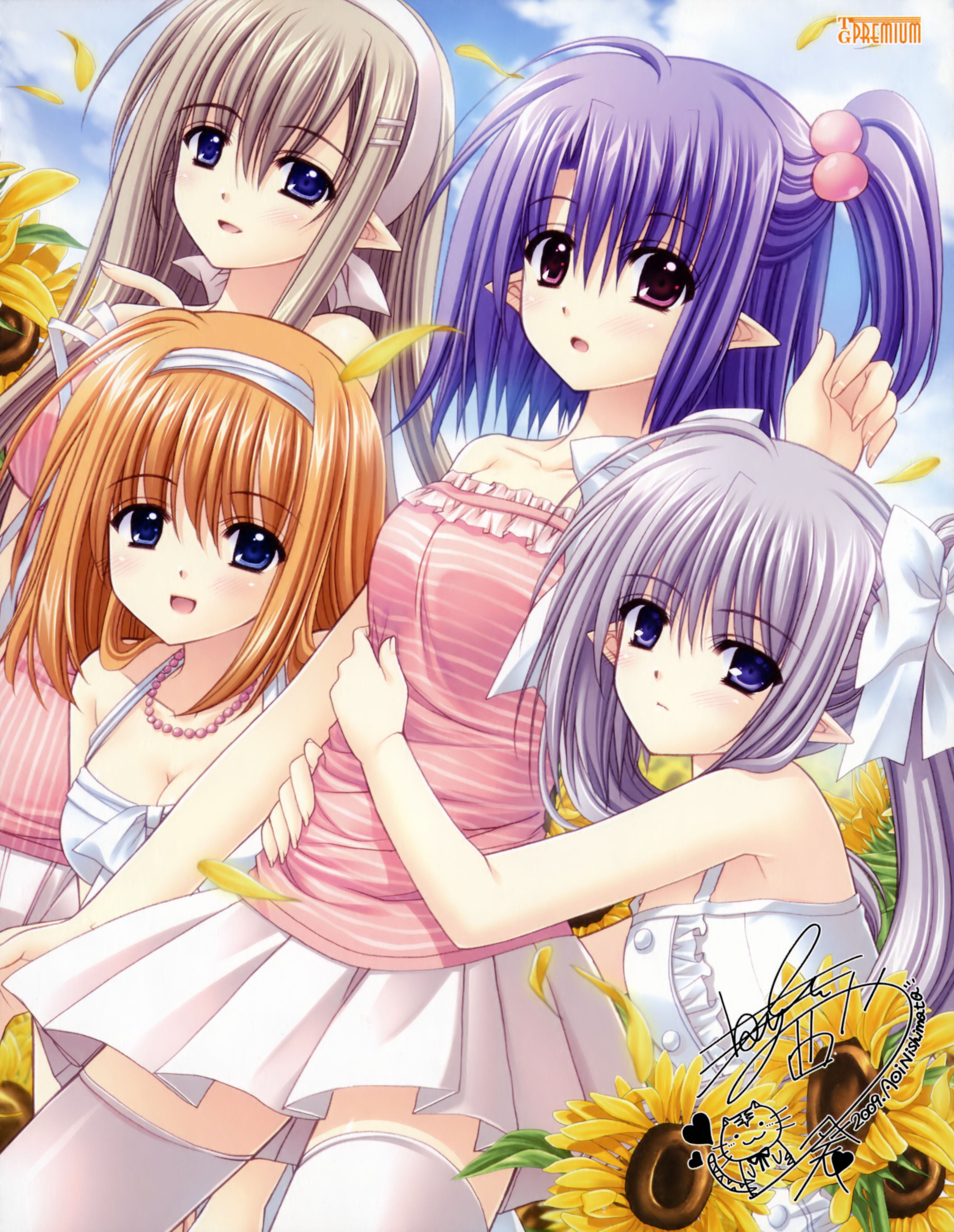 nishimata aoi, daisy (shuffle!), fuyou kaede, primula, ruri matsuri, shuffle!, shuffle! essence+, absurdres, highres, official art, 00s, 4girls, ahoge, blue eyes, blush, bow, breasts, cleavage, day, flower, grey hair, hair bobbles, hair bow, hair ornament, hair ribbon, hairband, hairclip, hug, jewelry, long hair, medium breasts, multiple girls, necklace, open mouth, orange hair, outdoors, petals, pointy ears, purple eyes, purple hair, ribbon, shirt, short hair, side ponytail, striped clothes, striped shirt, sunflower, thighhighs, twintails, white thighhighs, zettai ryouiki