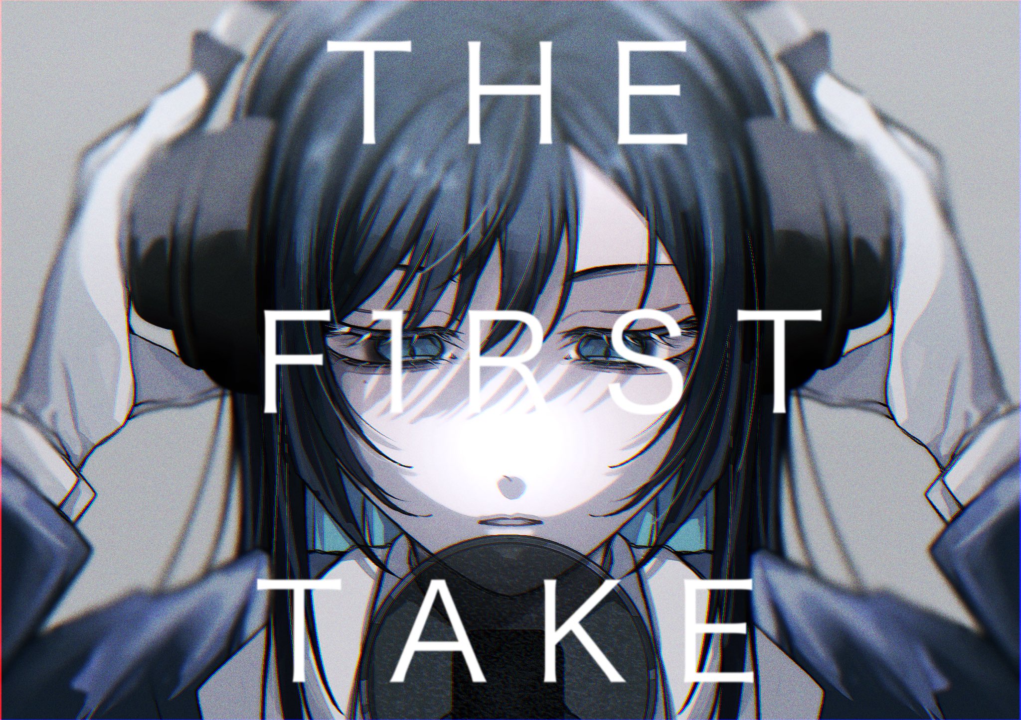 oyashirazu (adochan daisuki), chando (ado), ado (utaite), the first take, commentary, hashtag-only commentary, highres, 1girl, black hair, blue eyes, blue hair, chromatic aberration, colored inner hair, gloves, headphones, long hair, mole, mole under eye, multicolored hair, open mouth, pop filter, solo, white gloves