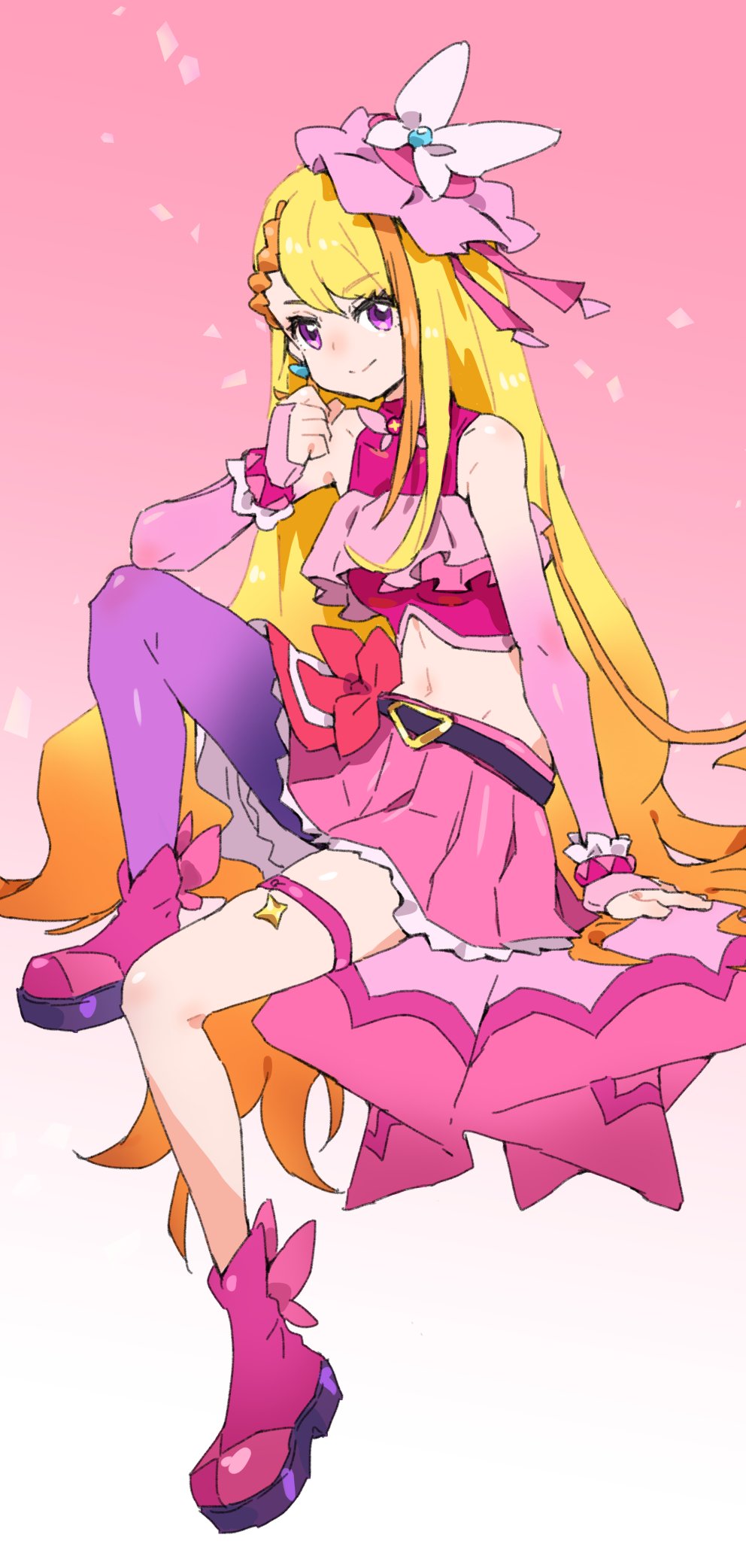 m k, cure butterfly, hijiri ageha, hirogaru sky! precure, precure, bad id, bad twitter id, commentary, highres, inactive account, 1girl, ankle boots, belt, black belt, blonde hair, boots, bow, braid, braided bangs, bridal gauntlets, brooch, butterfly hat ornament, closed mouth, cropped shirt, earrings, elbow gloves, frilled shirt, frills, gloves, hat, hat ornament, invisible chair, jewelry, knee up, long hair, looking at viewer, magical girl, midriff, miniskirt, mob cap, multicolored hair, navel, orange hair, pantyhose, pink background, pink boots, pink gloves, pink hat, pink shirt, pink skirt, pleated skirt, purple eyes, purple pantyhose, red bow, shirt, showgirl skirt, single leg pantyhose, sitting, skirt, skirt bow, sleeveless, sleeveless shirt, smile, solo, thigh strap, tilted headwear, two-tone hair, very long hair, wing brooch