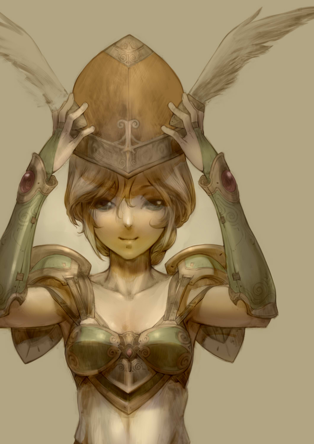 branch (blackrabbits), valkyrie (vnd), valkyrie no densetsu, bad id, bad pixiv id, highres, 1girl, armor, blonde hair, female focus, grey eyes, hair between eyes, helmet, holding, holding unworn helmet, pauldrons, shoulder armor, solo, unworn helmet, valkyrie, winged helmet