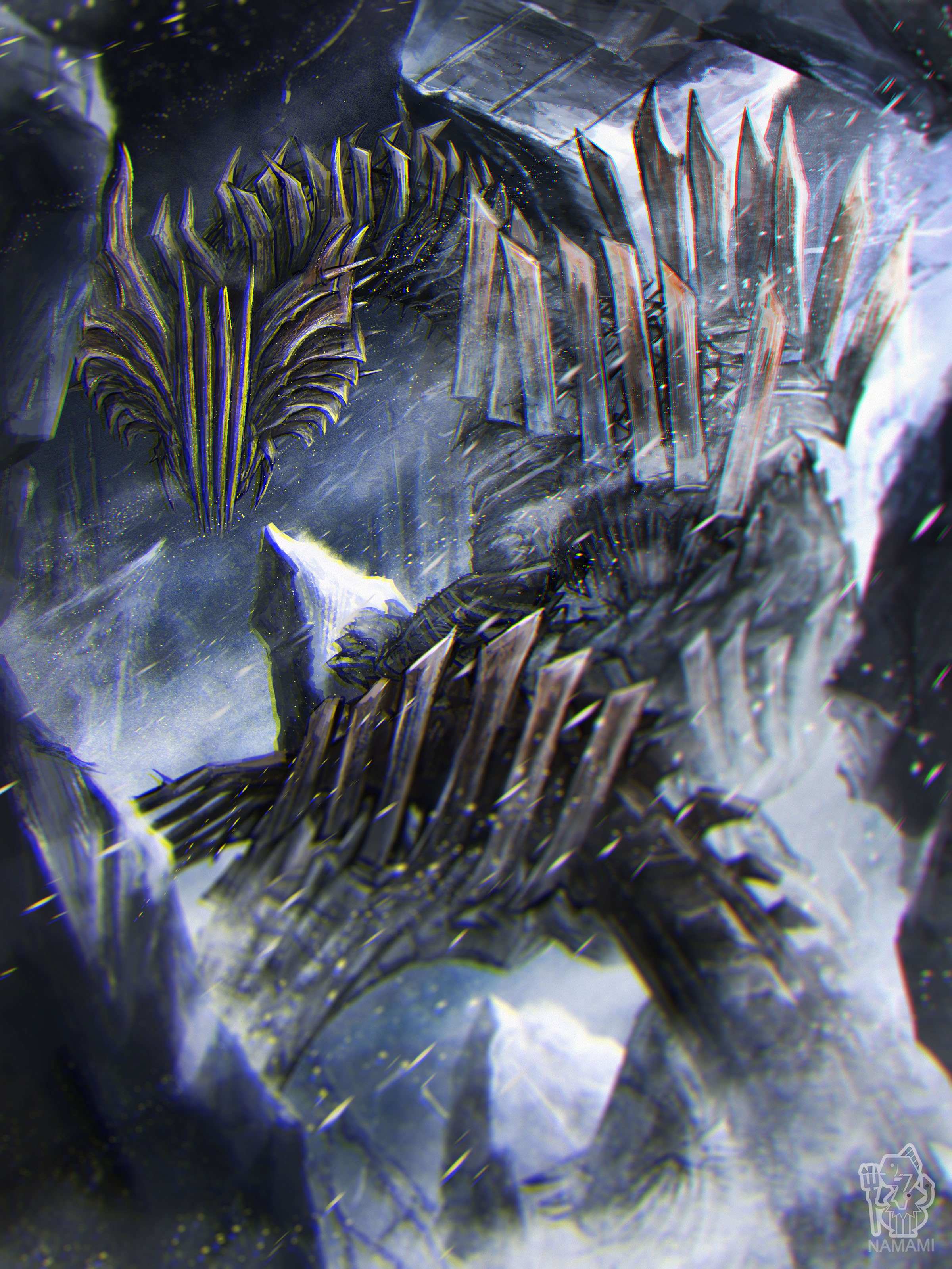 namami (namami0115), monster hunter (series), monster hunter wilds, absurdres, commentary request, highres, blizzard, chin spike, dragon, gold scales, horns, jin dahaad, monster, monster focus, no humans, spikes, tail, yellow scales