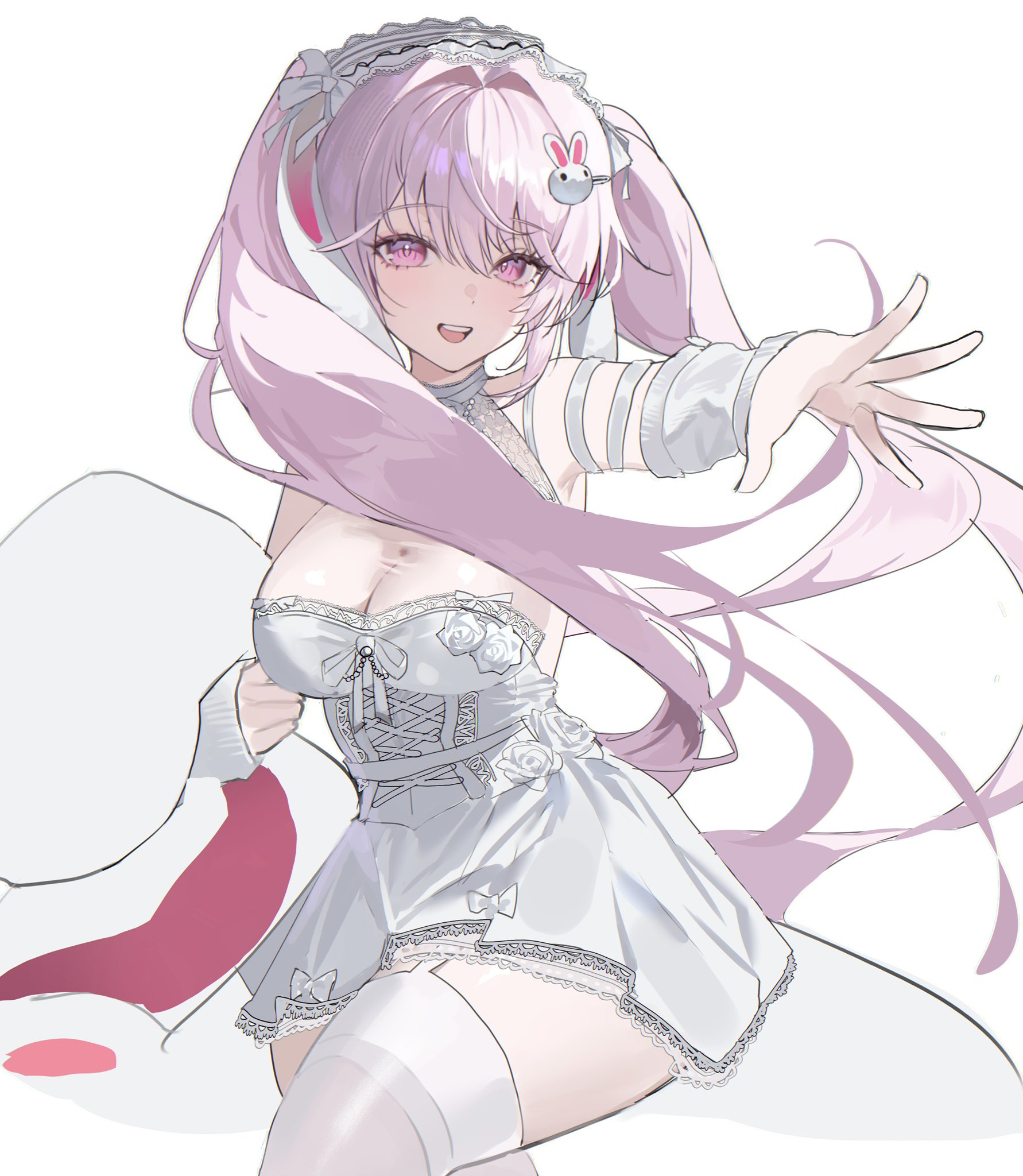 alice (nikke), goddess of victory: nikke, highres, 1girl, alice (marchen dream) (nikke), breasts, cleavage, detached sleeves, dodosaae, dress, hair ornament, headdress, large breasts, long hair, looking at viewer, official alternate costume, open mouth, pink eyes, pink hair, rabbit hair ornament, simple background, smile, solo, thighhighs, thighs, twintails, very long hair, white background, white dress, white thighhighs