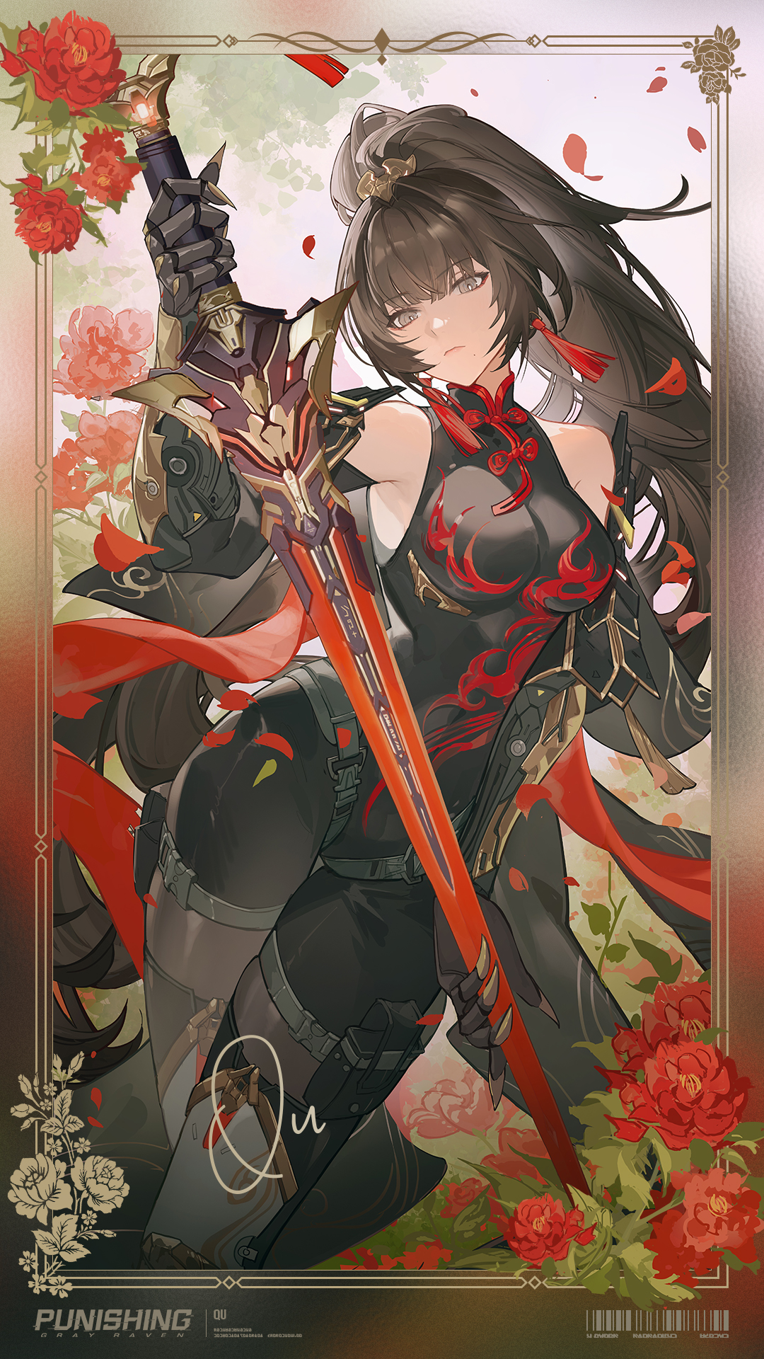 qu: shukra (sparragon's triumph) (pgr), qu (pgr), punishing: gray raven, commentary, english commentary, highres, official art, 1girl, arm up, armpit crease, belt pouch, black dress, black hair, border, breasts, bright pupils, character name, china dress, chinese clothes, closed mouth, copyright name, crossed legs, dress, earrings, falling leaves, falling petals, fingernails, flame print, flower, grey eyes, harness belt, holding, holding sword, holding weapon, impossible clothes, impossible dress, jewelry, leaf, long hair, looking at viewer, mechanical arms, mechanical legs, medium breasts, official alternate costume, ornate border, petals, ponytail, pouch, red flower, red petals, red rose, rose, sharp fingernails, solo, standing, sword, tassel, tassel earrings, thigh pouch, weapon, white pupils