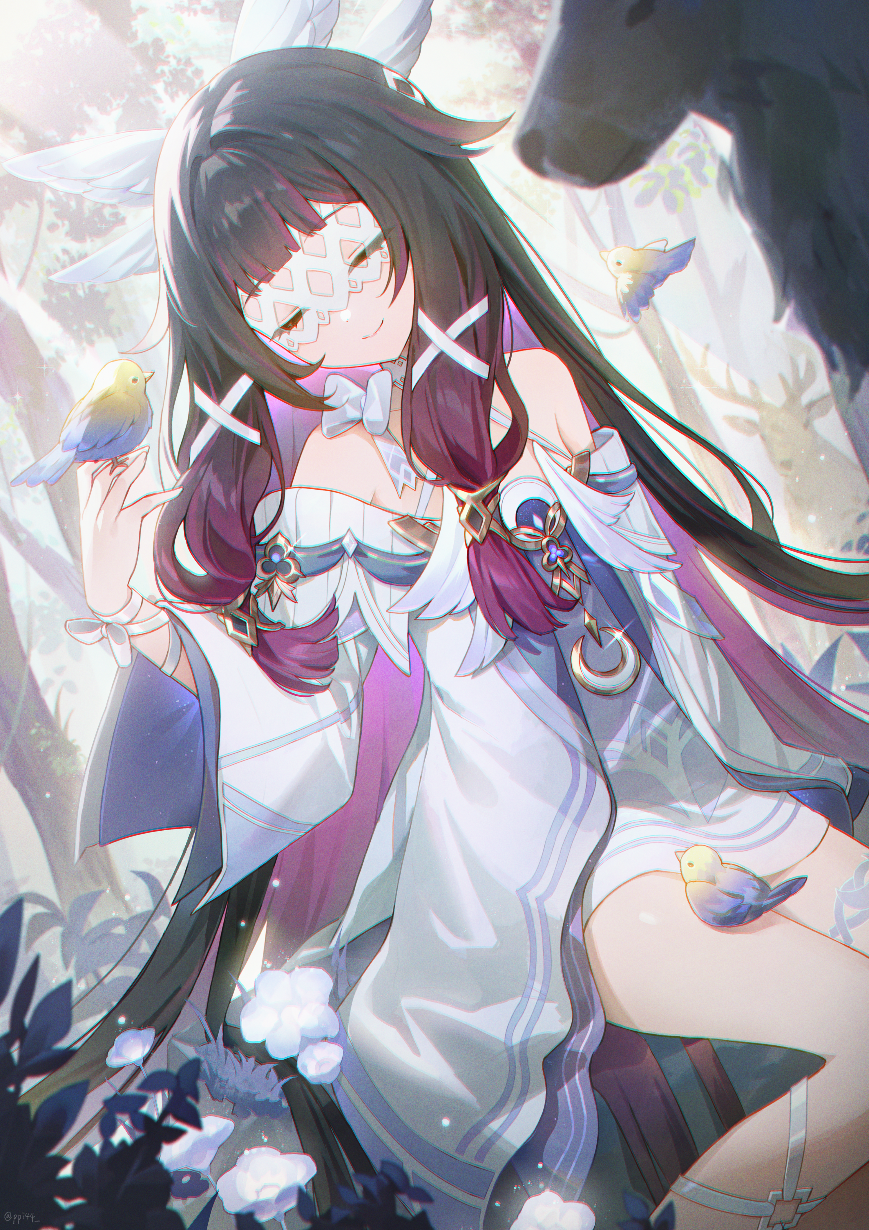 ppi44, columbina (genshin impact), genshin impact, absurdres, commentary request, highres, 1girl, animal, animal on hand, bare shoulders, bird, black hair, closed eyes, closed mouth, deer, dress, eye mask, forest, hair ornament, head wings, long hair, mask, multicolored hair, nature, ribbon, smile, solo, streaked hair, two-tone hair, very long hair, white dress, white mask, wings