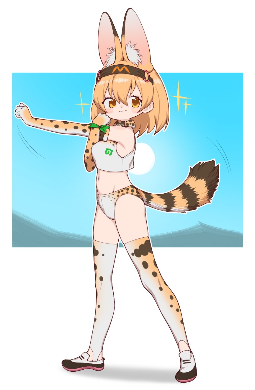 notora, serval (kemono friends), kemono friends, highres, 1girl, animal ears, animal print, blonde hair, blush, bow, bowtie, breasts, buruma, elbow gloves, extra ears, gloves, looking at viewer, midriff, multicolored buruma, navel, orange bow, orange bowtie, print bow, print bowtie, print buruma, print gloves, print thighhighs, shirt, short hair, sleeveless, smile, solo, striped tail, tail, thighhighs, two-tone bow, two-tone bowtie, white bow, white bowtie, white buruma, yellow buruma