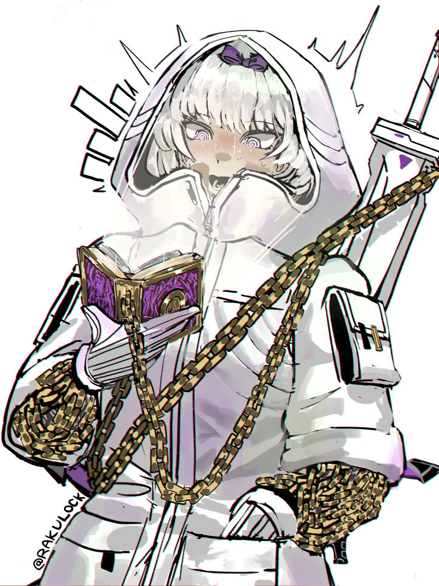 rakulock, kira (project moon), limbus company, project moon, commentary, english commentary, highres, 1girl, @ @, ^^^, book, bow, chain, cowboy shot, gloves, grey hair, hair bow, holding, holding book, hood, hood up, open book, purple bow, purple eyes, reading, simple background, solo, sword, sword on back, twitter username, weapon, weapon on back, white background, white gloves