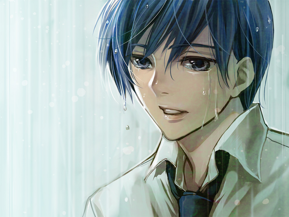 bokuto, kaito (vocaloid), vocaloid, bad id, bad pixiv id, 1boy, blouse, blue hair, blue necktie, collared shirt, male focus, necktie, portrait, rain, shirt, solo, tears, wet, wet hair, white shirt