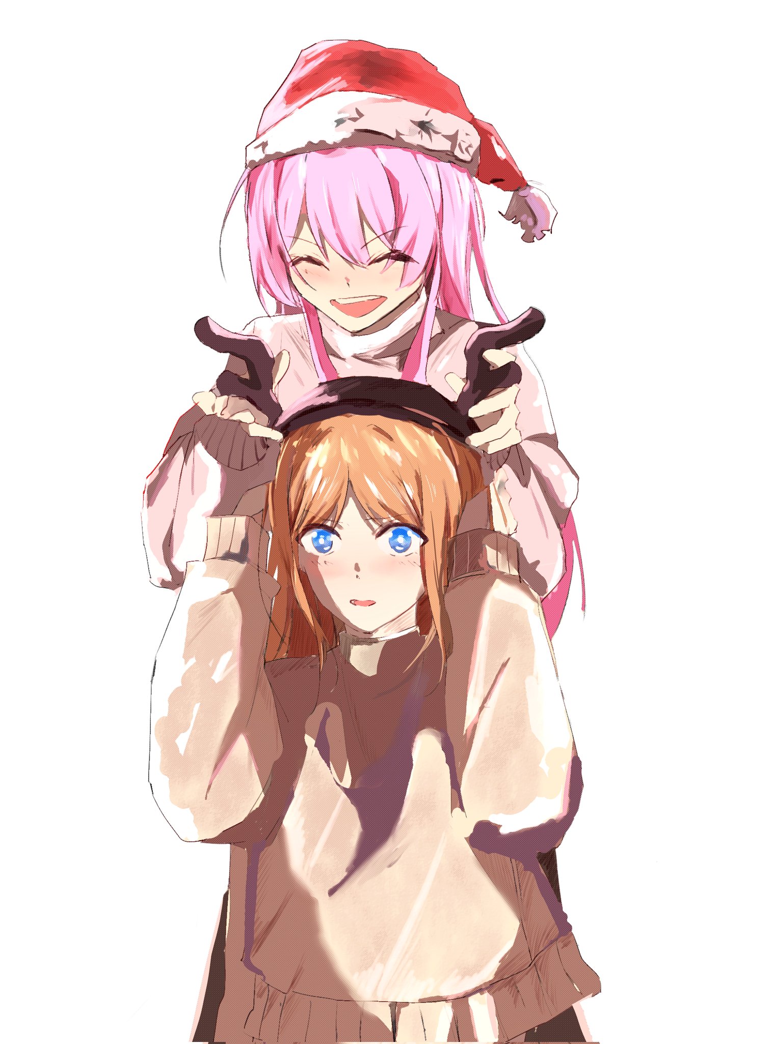 chihaya anon, nagasaki soyo, bang dream!, bang dream! it's mygo!!!!!, chinese commentary, commentary request, highres, 2girls, blue eyes, brown sweater, closed eyes, fake antlers, hat, mrwule, multiple girls, open mouth, pink hair, pink sweater, santa hat, simple background, sweater, teeth, upper teeth only, white background