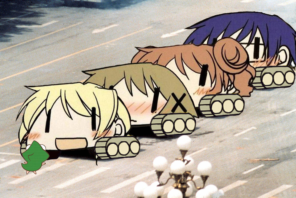 aoki ume, hiro (hidamari sketch), miyako (hidamari sketch), sae (hidamari sketch), yuno (hidamari sketch), hidamari sketch, military vehicle, motor vehicle, tank, tianamen square