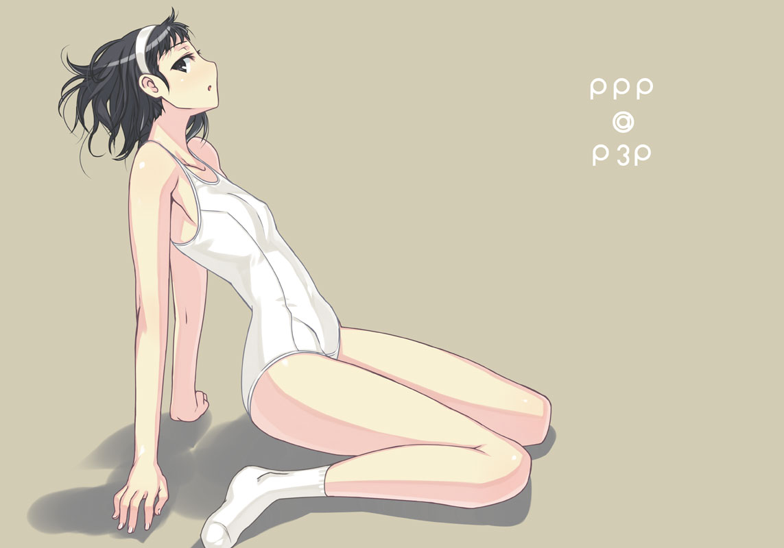 darabuchi, amagi yukiko, atlus, persona, persona 3, persona 3 portable, persona 4, bad id, bad pixiv id, 1girl, aged down, arm support, black eyes, black hair, bob cut, female focus, flat chest, hairband, one-piece swimsuit, school swimsuit, short hair, sitting, socks, solo, swimsuit, wariza, white one-piece swimsuit