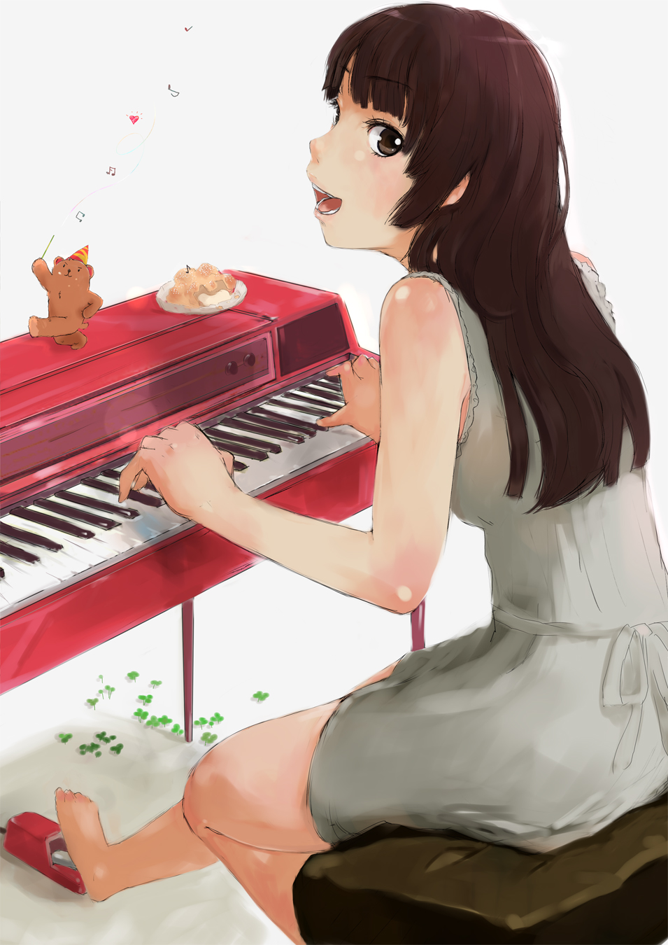 nimirom, original, bad id, bad pixiv id, highres, 1girl, barefoot, blush, brown eyes, brown hair, cake, female focus, food, instrument, long hair, looking back, musical note, pastry, pedal (instrument), piano, piano bench, smile, solo, white background