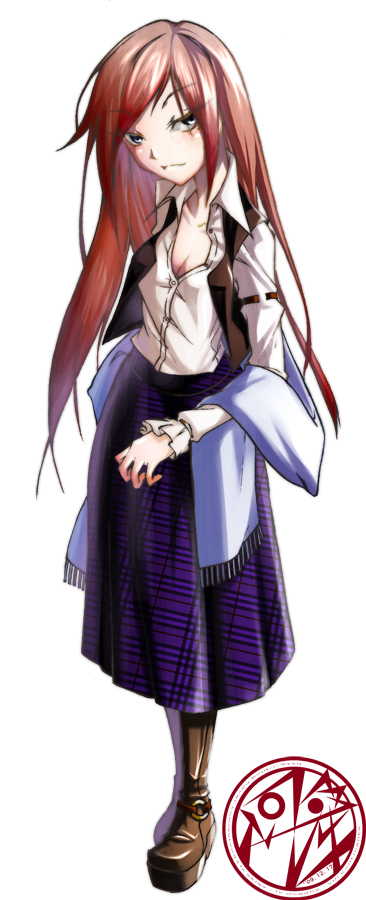 suryua, 1girl, blush, boots, breasts, brown hair, cleavage, female focus, long hair, long skirt, skirt, small breasts, solo