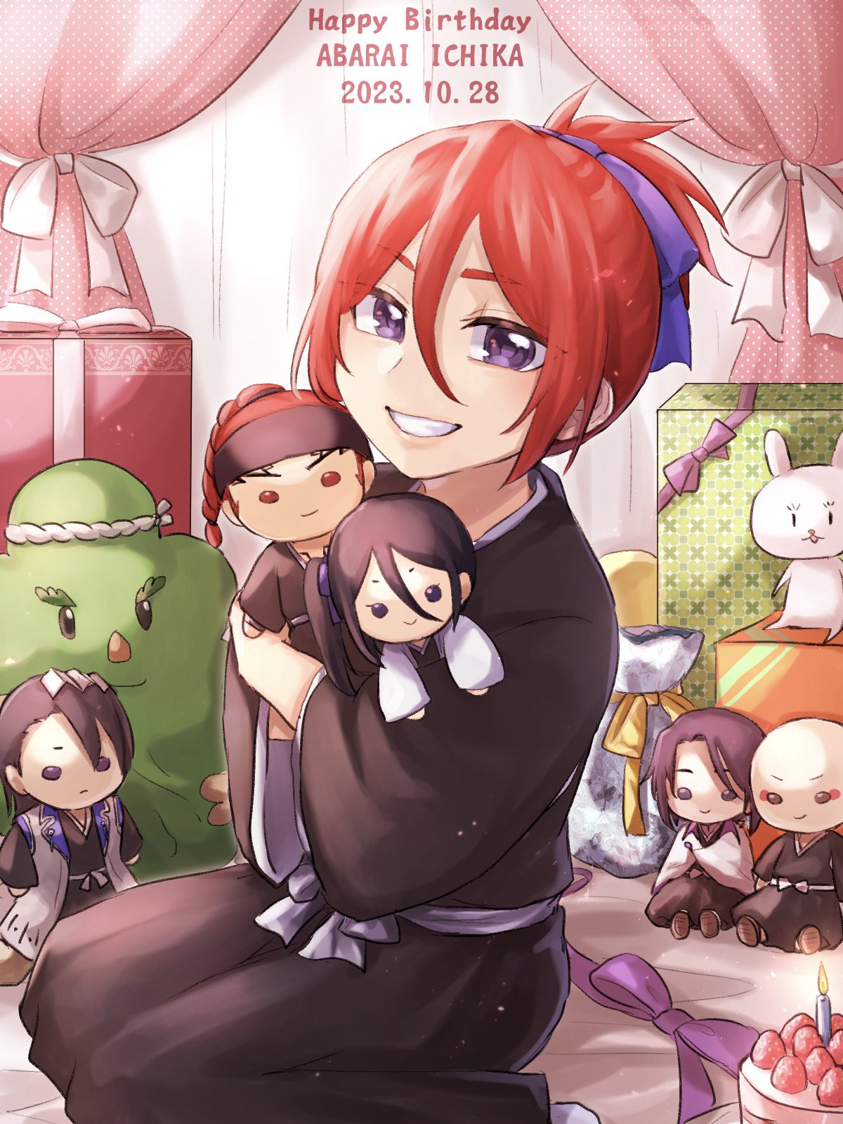 1046sstep btoh, abarai ichika, abarai renji, ayasegawa yumichika, chappy, kuchiki byakuya, kuchiki rukia, madarame ikkaku, bleach, bleach: epilogue, commentary request, highres, 1girl, birthday cake, box, cake, candle, character doll, character name, curtains, dated, doll, food, fruit, gift, gift box, grin, hair ribbon, happy birthday, holding, holding doll, ponytail, purple eyes, red hair, ribbon, sack, seaweed ambassador, short ponytail, sitting, smile, solo, strawberry, wariza