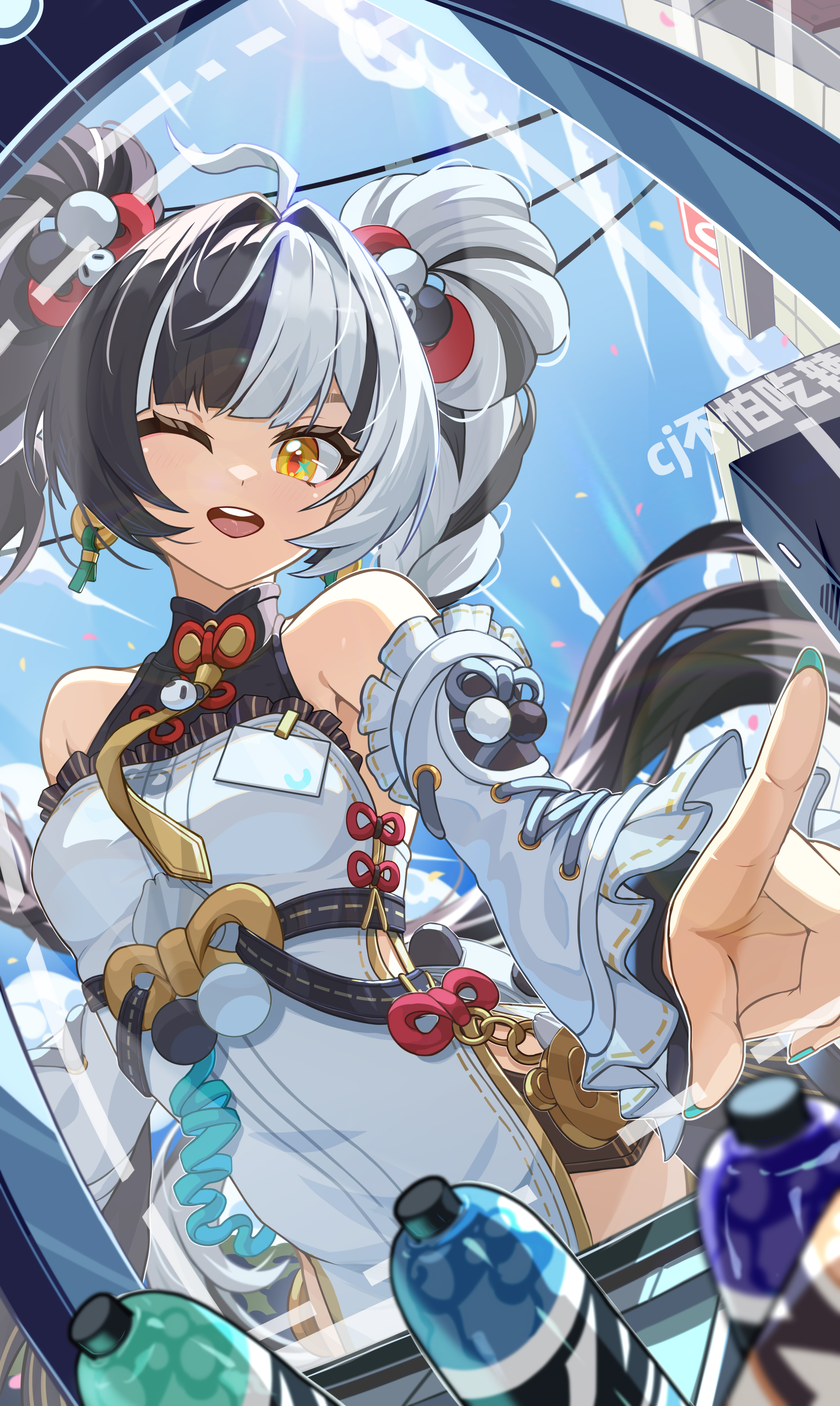 bupa chila, dialyn (zenless zone zero), zenless zone zero, absurdres, highres, 1girl, ahoge, aqua nails, bare shoulders, black hair, blue sky, bottle, braid, braided twintails, cable, china dress, chinese clothes, cloud, detached sleeves, dress, earrings, hair extensions, hair intakes, hair ornament, jewelry, long hair, looking at viewer, multicolored hair, necktie, one eye closed, open mouth, panda hair ornament, ring hair extensions, sky, solo, sparkling eyes, split-color hair, vending machine, white dress, white hair, yellow eyes, yellow necktie