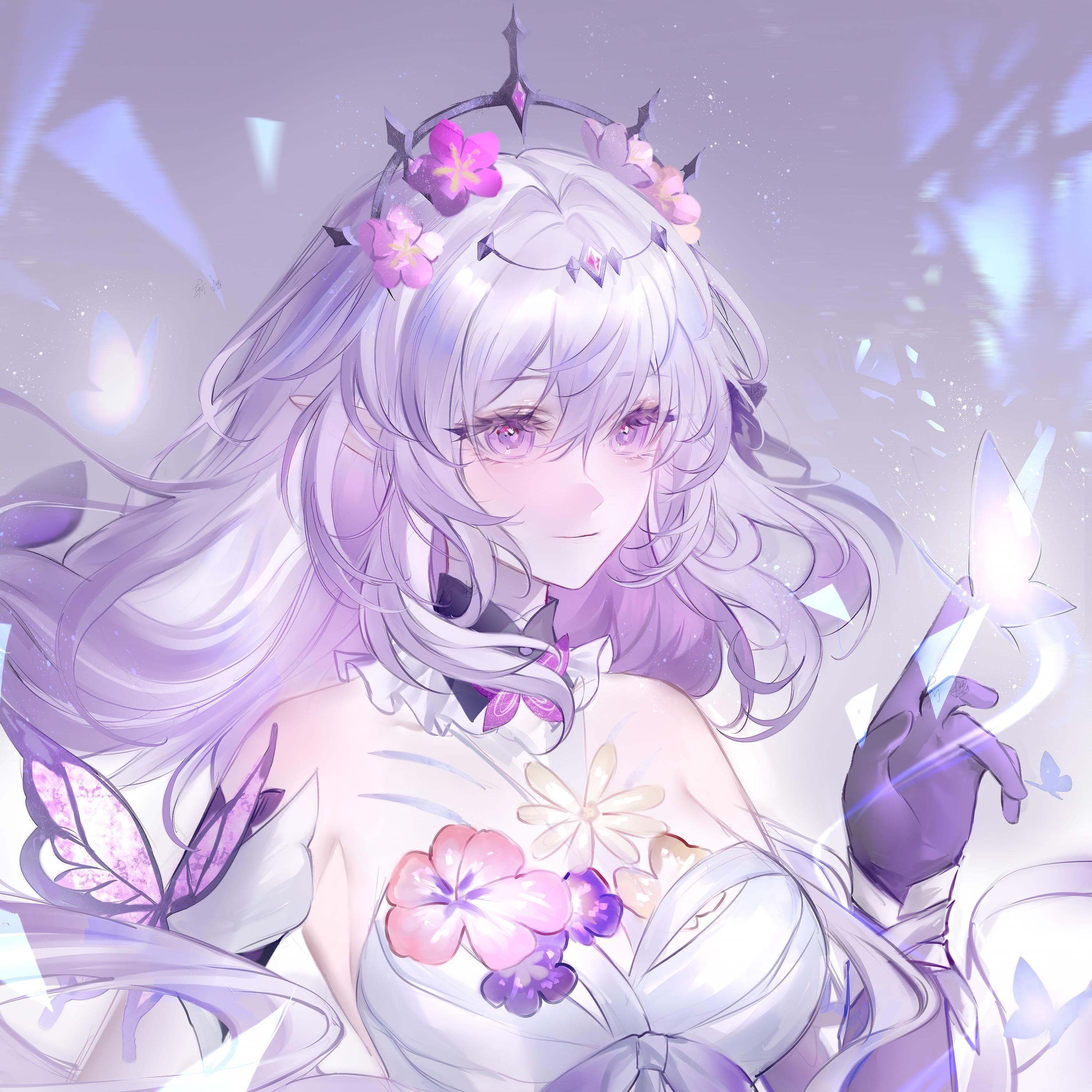 zhanying, castorice (honkai: star rail), honkai: star rail, honkai (series), absurdres, chinese commentary, commentary request, highres, 1girl, bare shoulders, black tiara, breasts, bug, butterfly, butterfly on hand, dress, flower, gloves, hair flower, hair ornament, insect, large breasts, long hair, pointy ears, purple eyes, purple gloves, purple hair, smile, solo, tiara, upper body, very long hair, white dress