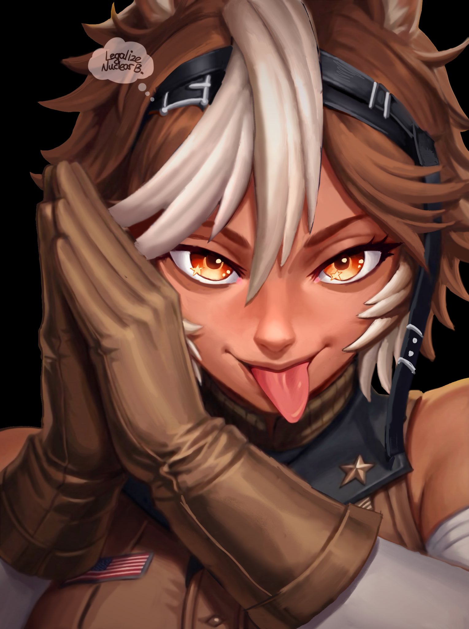 tomoe umari, tomoe umari (1st costume), indie virtual youtuber, commentary, highres, 1girl, artist name, black background, breasts, brown gloves, brown shirt, earrings, english text, gloves, hair between eyes, horse girl, jewelry, large breasts, looking at viewer, meme, monochrome, nuclear b, own hands together, shirt, short hair, simple background, smile, solo, speech bubble, thought bubble, tongue, tongue out, upper body, virtual youtuber, zesty sonic (meme)