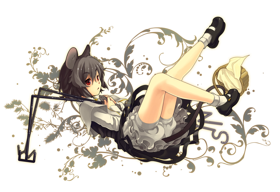 kondou (dioptrie), nazrin, touhou, bad id, bad pixiv id, 1girl, animal ears, basket, bloomers, female focus, full body, grey hair, mouse (animal), mouse ears, mouse tail, red eyes, short hair, solo, tail, underwear, white background
