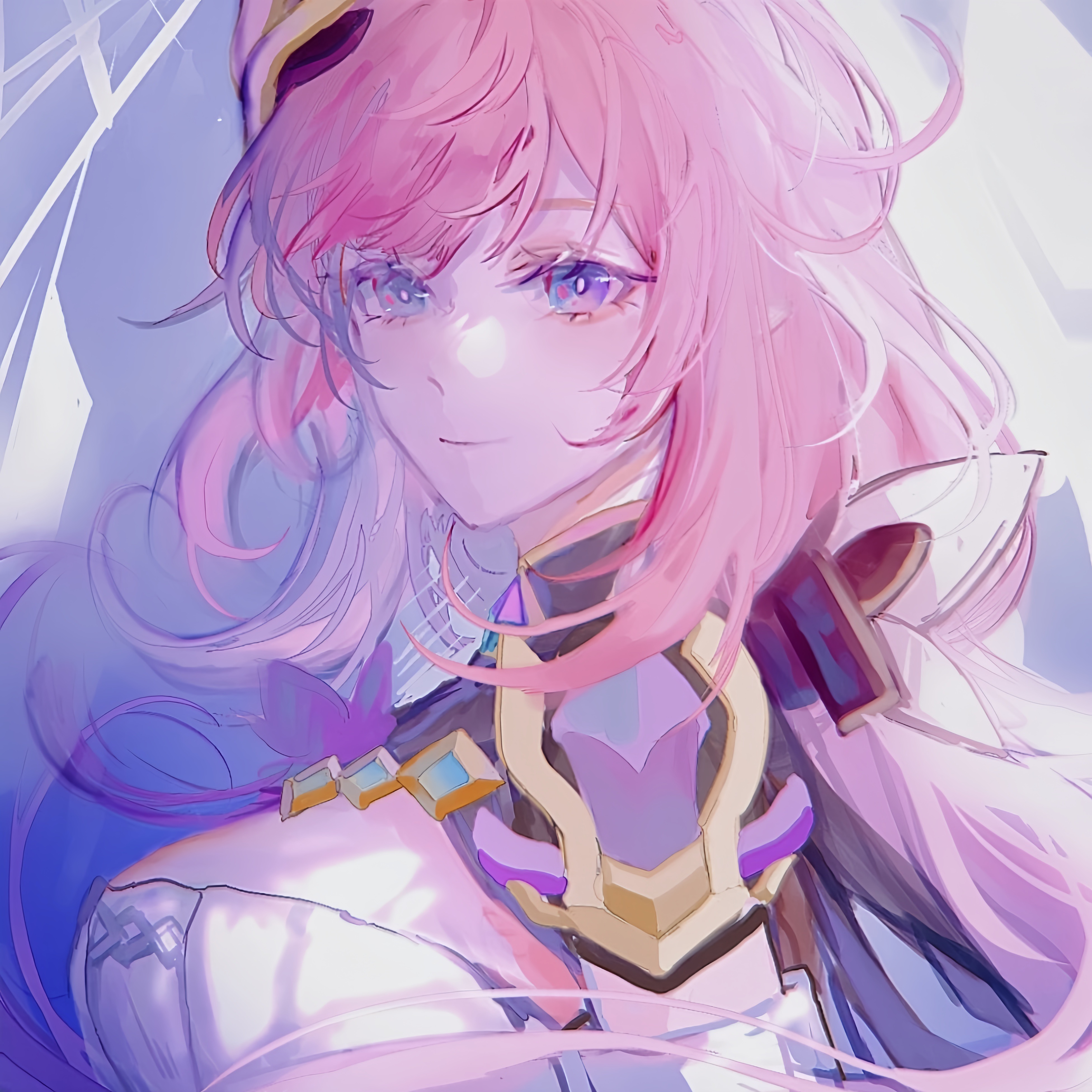 zhanying, elysia (honkai impact), elysia (miss pink elf) (honkai impact), honkai (series), honkai impact 3rd, absurdres, chinese commentary, commentary request, highres, 1girl, black shrug, blue eyes, breasts, corset, from side, hair ornament, large breasts, long hair, looking at viewer, pink hair, shrug (clothing), solo, upper body, very long hair, white corset