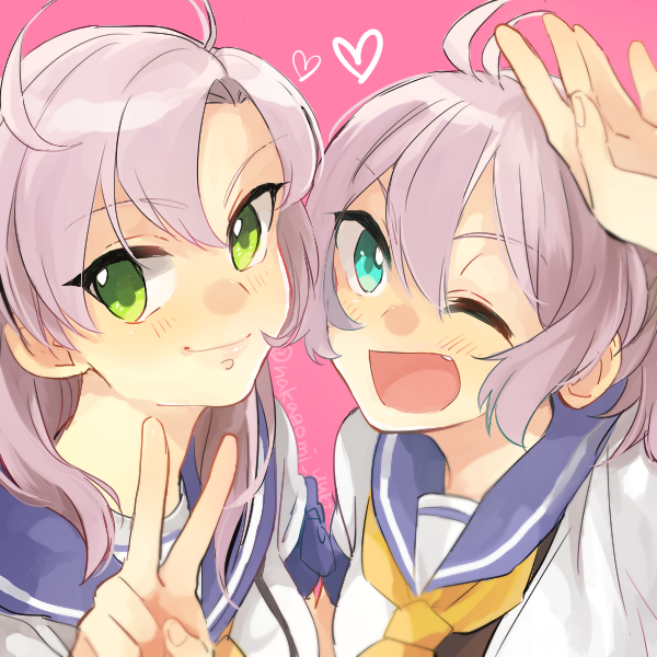 aoba (kancolle), kinugasa (kancolle), kinugasa kai ni (kancolle), kantai collection, 2girls, blue eyes, blush, closed mouth, fang, green eyes, grey hair, hair between eyes, heart, looking at viewer, multiple girls, neckerchief, nkgmnkg, one eye closed, open mouth, pink background, purple hair, purple sailor collar, sailor collar, school uniform, serafuku, simple background, twitter username, upper body, v