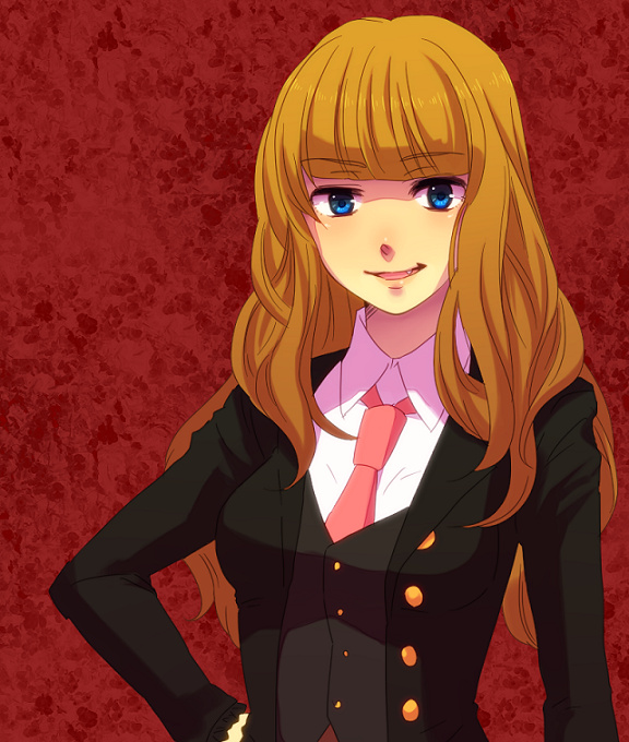 tim (tim411), beatrice (umineko), umineko no naku koro ni, bad id, bad pixiv id, 00s, 1girl, blonde hair, blue eyes, fang, female focus, hand on own hip, necktie, pink necktie, solo