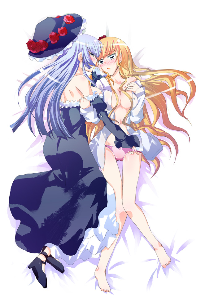 kuriyuzu kuryuu, beatrice (umineko), virgilia (umineko), umineko no naku koro ni, silver hair, 00s, 2girls, bed, blonde hair, breasts, cleavage, dress, flower, hat, hime cut, large breasts, long hair, multiple girls, open clothes, open shirt, shirt, yuri