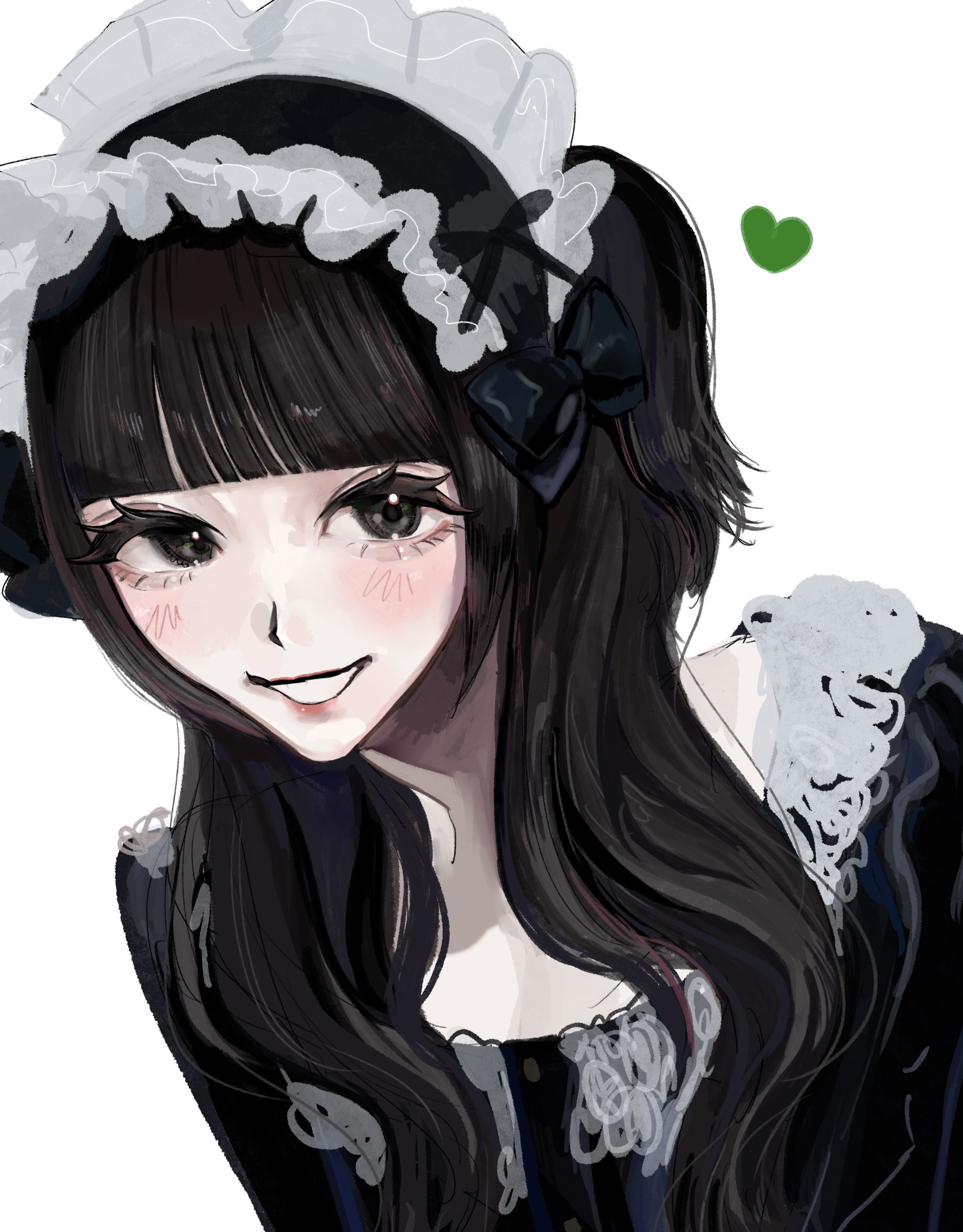 commentary, highres, 1girl, aegyo sal, black eyes, black hair, blush, hairband, heart, hisui (phantom siita), lolita hairband, looking at viewer, open mouth, phantom siita, pis pis haine, simple background, solo, two side up, white background
